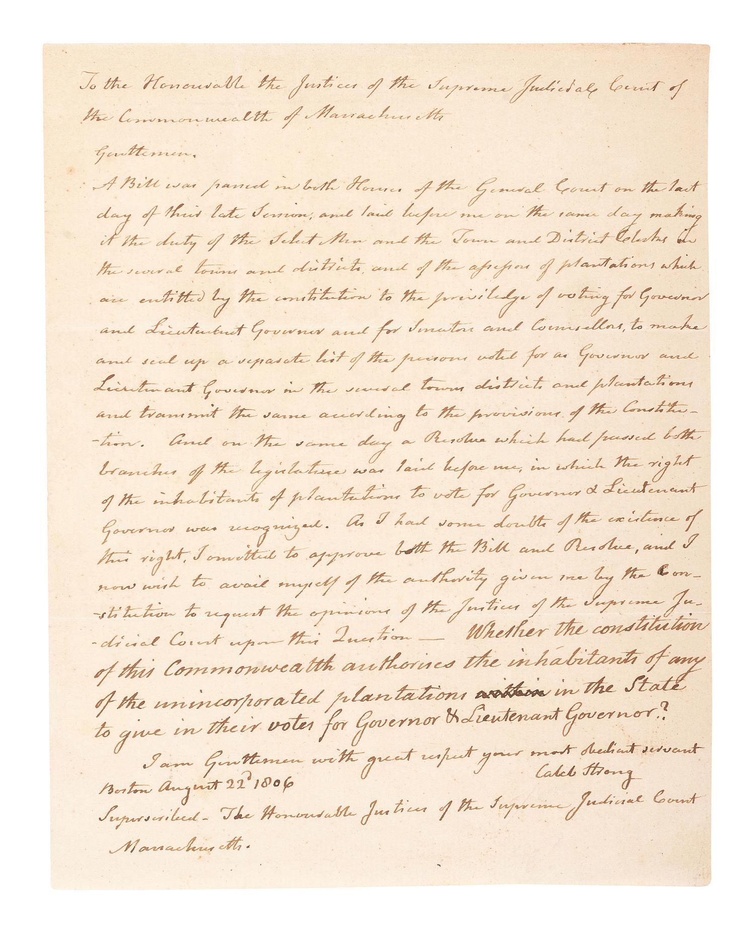[MASSACHUSETTS]. STRONG, Caleb (1745-1819). Letter secretarially signed ("Caleb Strong") as Governor, Boston, 22 August 1806. With Thanksgiving proclamation broadside signed in type by Strong. Boston, 1804.