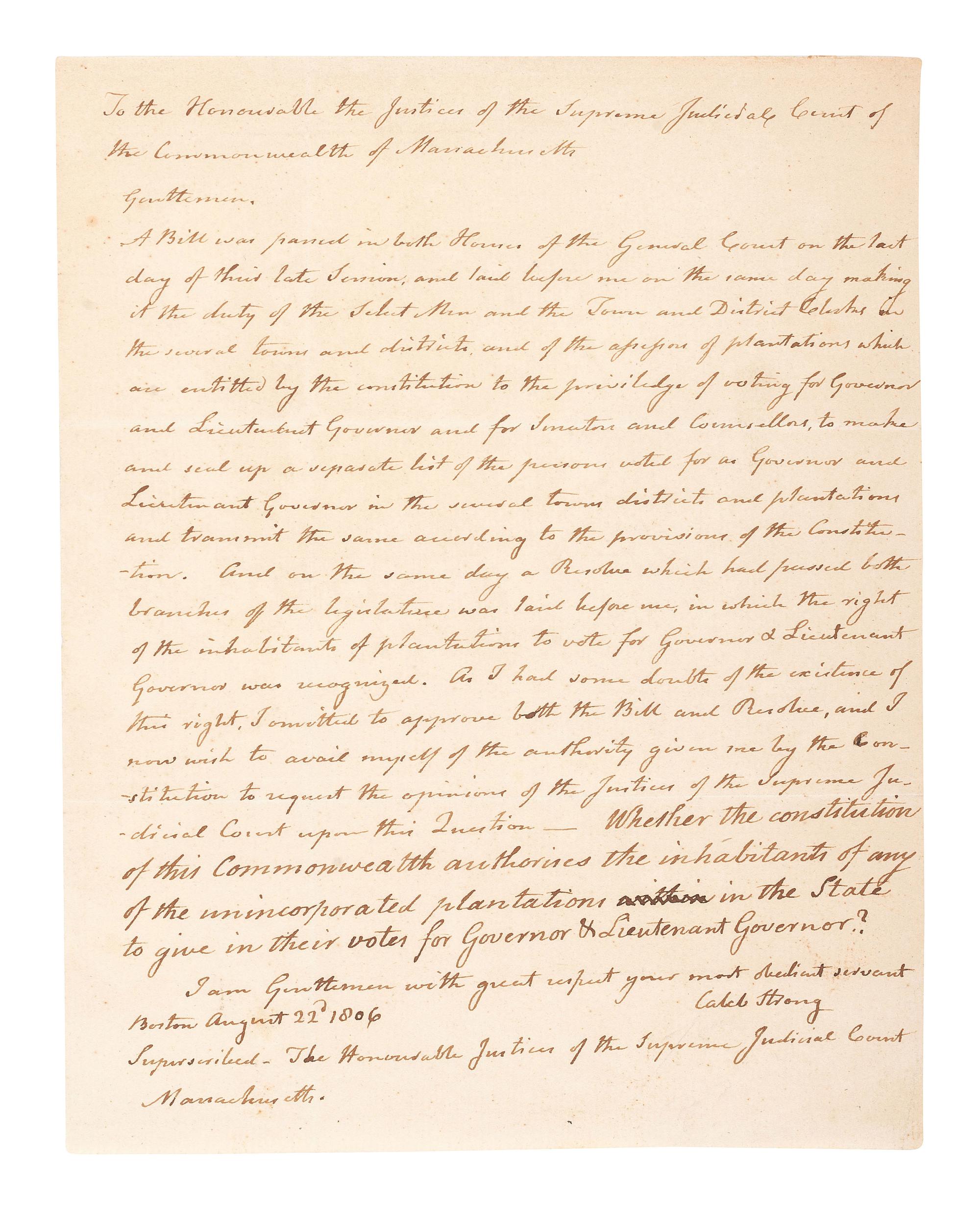 [MASSACHUSETTS]. STRONG, Caleb (1745-1819). Letter secretarially signed ("Caleb Strong") as Governor, Boston, 22 August 1806. With Thanksgiving proclamation broadside signed in type by Strong. Boston, 1804.