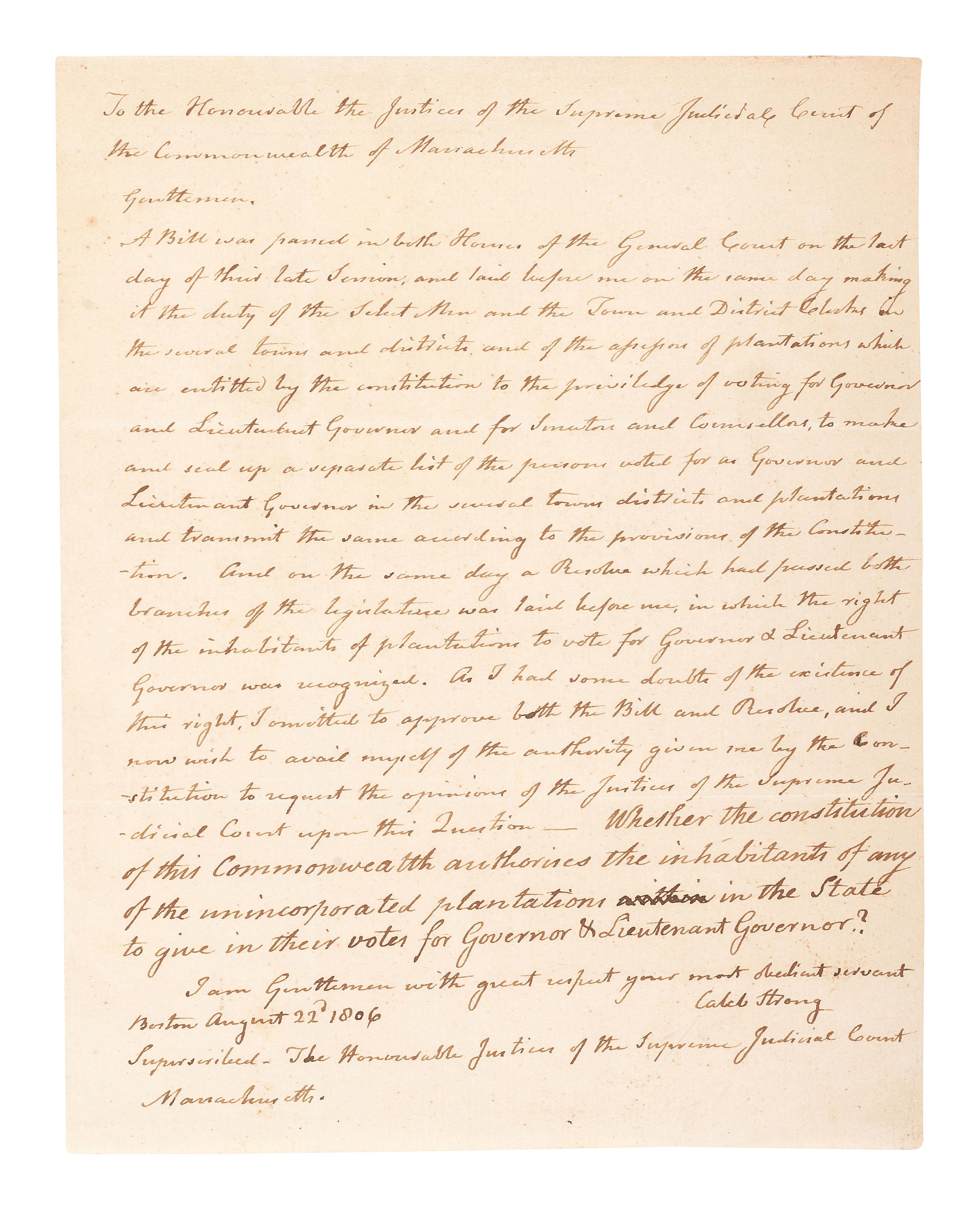 [MASSACHUSETTS]. STRONG, Caleb (1745-1819). Letter secretarially signed ("Caleb Strong") as Governor, Boston, 22 August 1806. With Thanksgiving proclamation broadside signed in type by Strong. Boston, 1804.