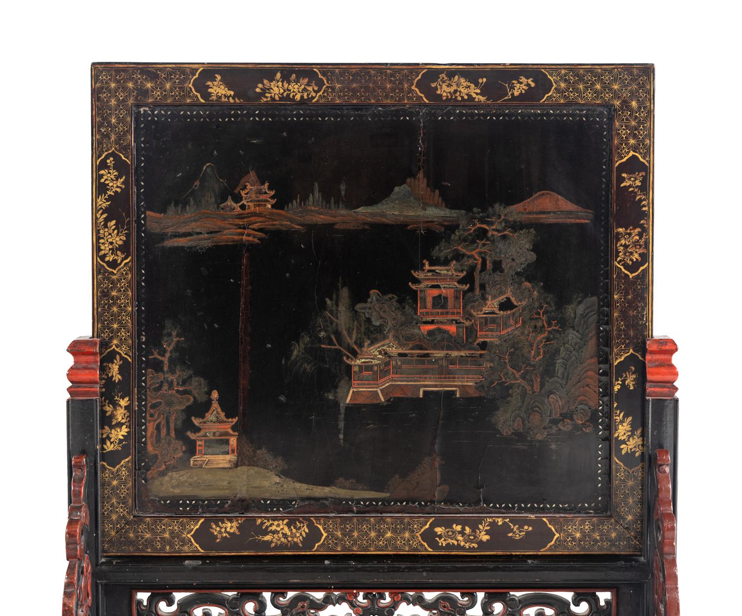 A Chinese Export Painted Table Screen in a Carved Lacquer Stand