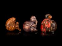 Three Japanese Carved Boxwood Figural-Form Netsuke