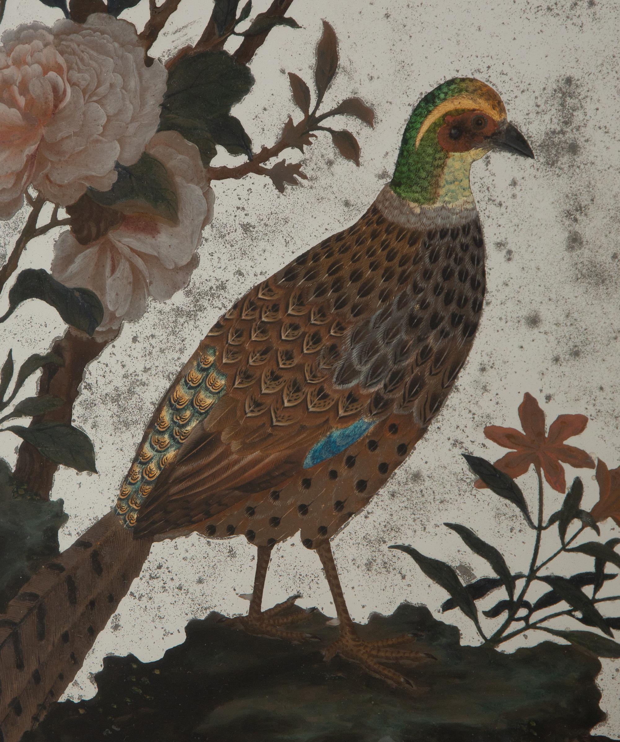 A Chinese Reverse-Painted Mirror with Pheasants and Peonies