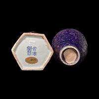A Small Chinese Aubergine Glazed Porcelain Vase and a Yellow Glazed Water Coupe, Probably Kangxi Period 或爲清康熙 黃釉盤龍六方水呈及茄皮紫釉模印西番蓮紋瓶