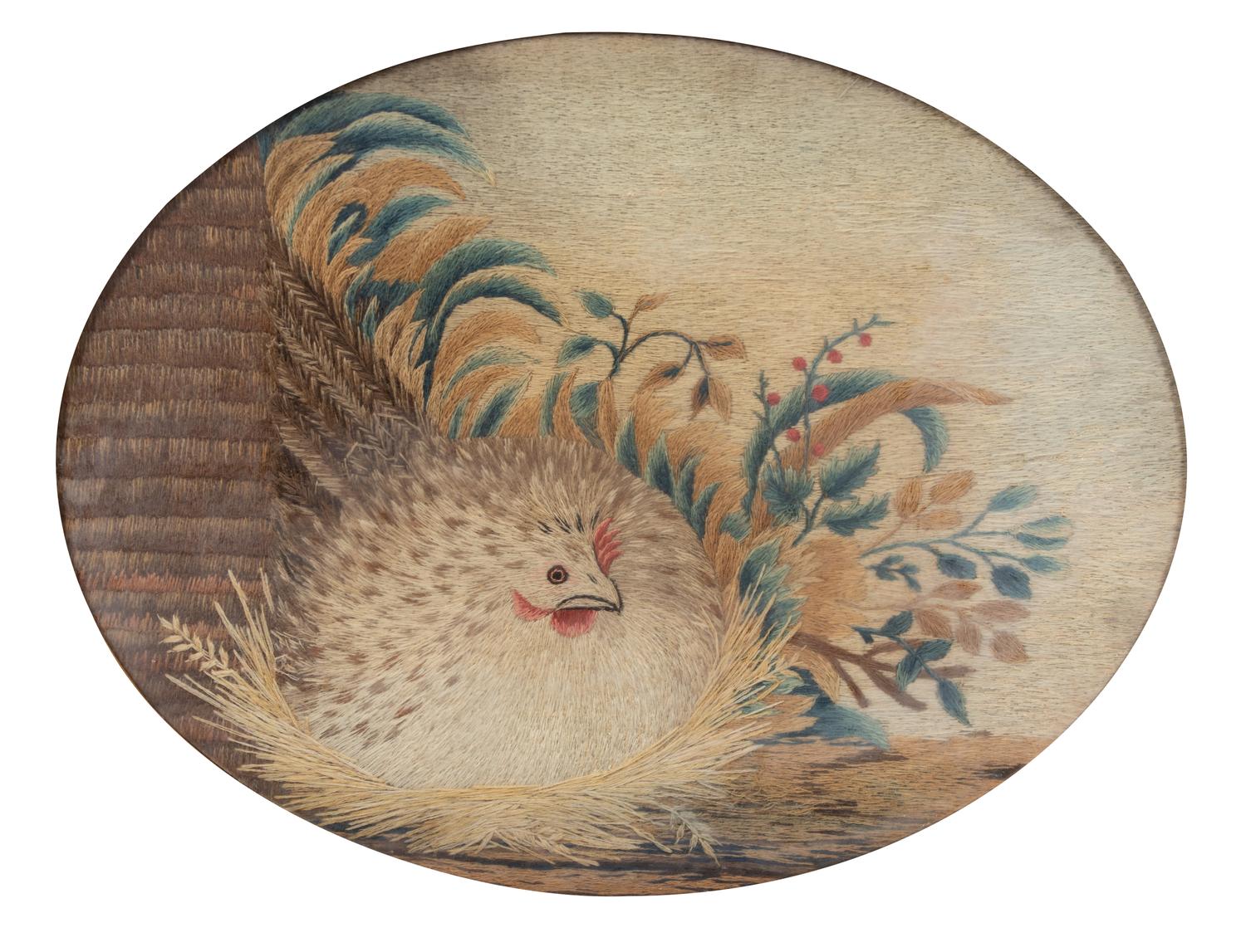A Pair of American Wooly Embroidered Oval Panels in Gilt Frames Framed dimensions 19 x 23 inches. — LATE 19TH CENTURY