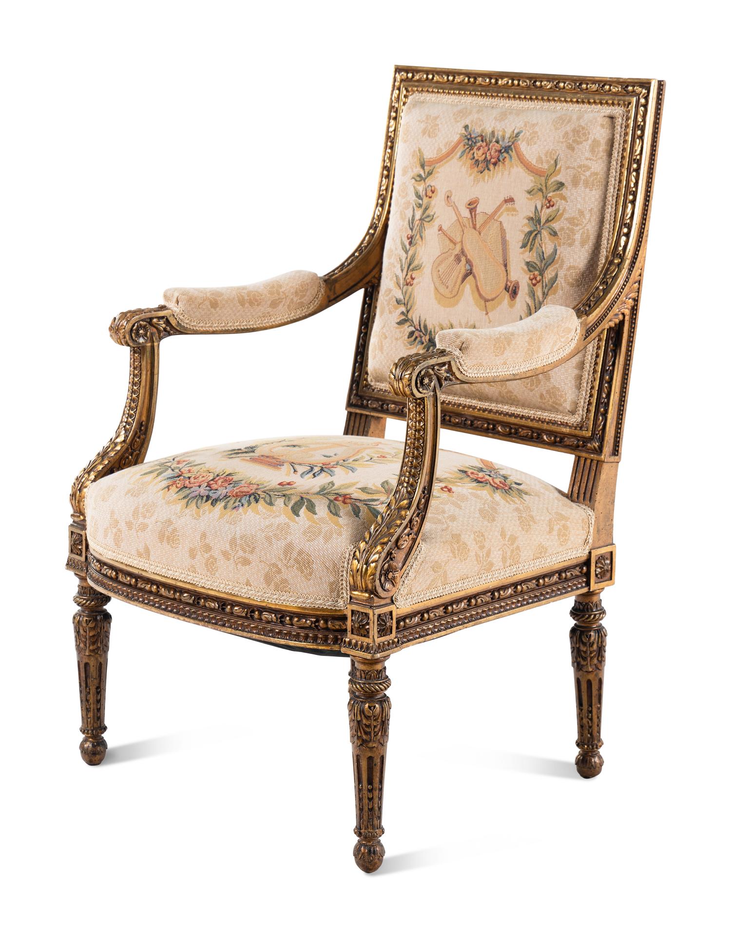 A Pair of Louis XVI Style Tapestry-Upholstered Giltwood Bergères