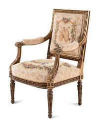 A Pair of Louis XVI Style Tapestry-Upholstered Giltwood Bergères
