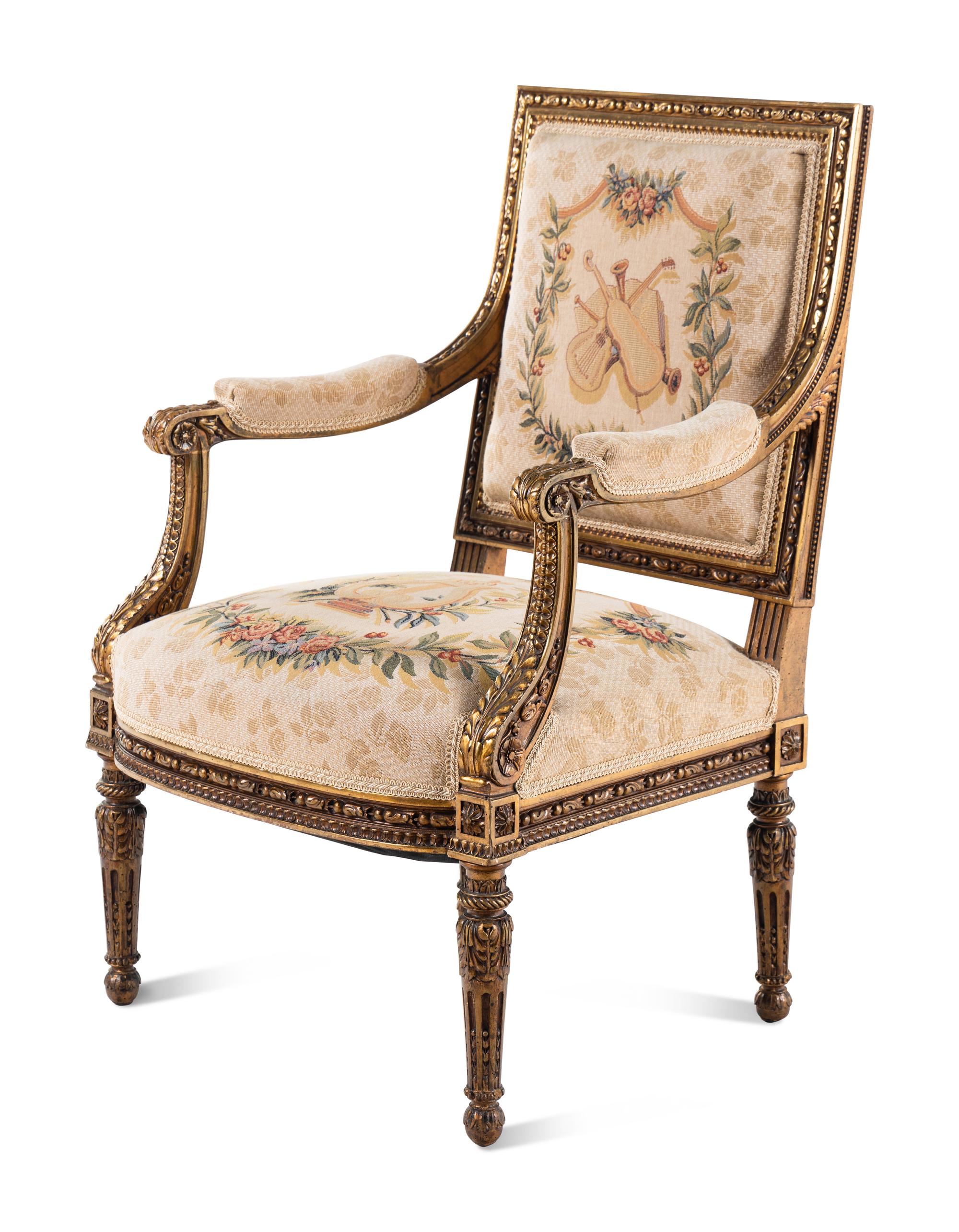 A Pair of Louis XVI Style Tapestry-Upholstered Giltwood Bergères