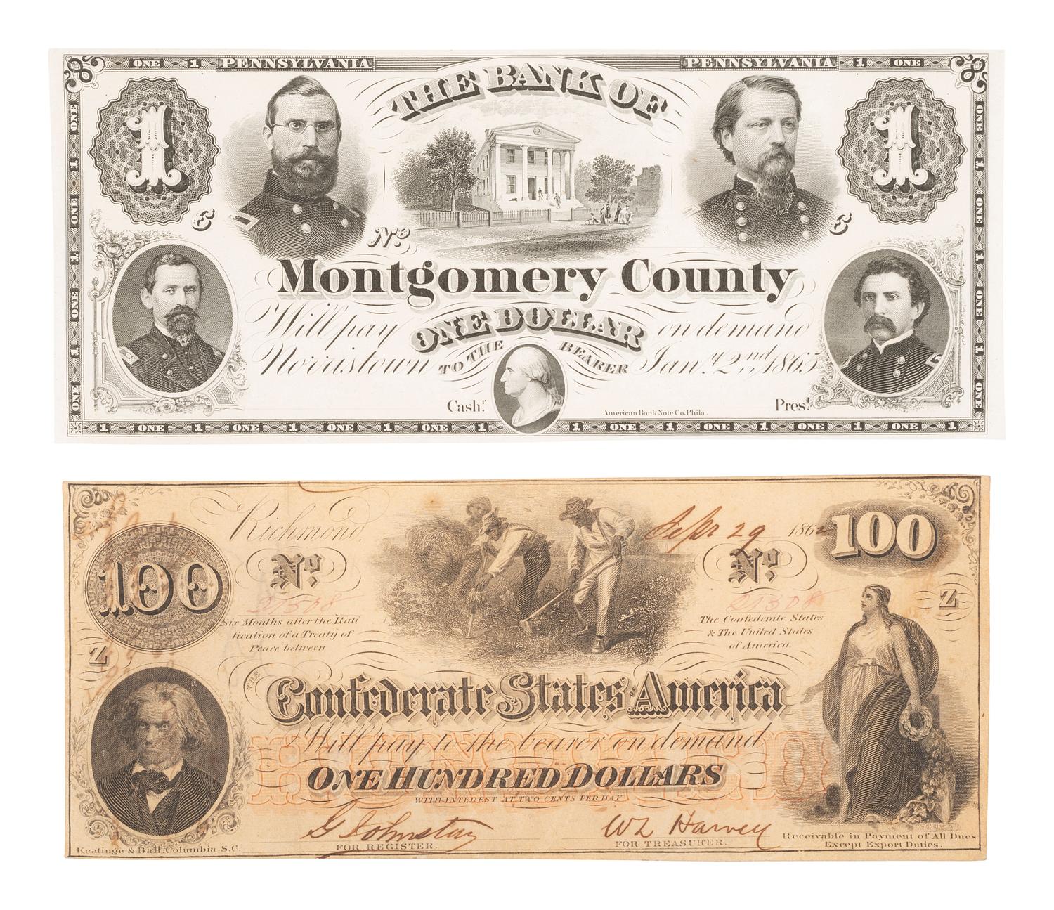 [CIVIL WAR]. Union and Confederate currency, incl. $100 note found on battlefield by ID'd officer.