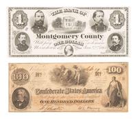 [CIVIL WAR]. Union and Confederate currency, incl. $100 note found on battlefield by ID'd officer.