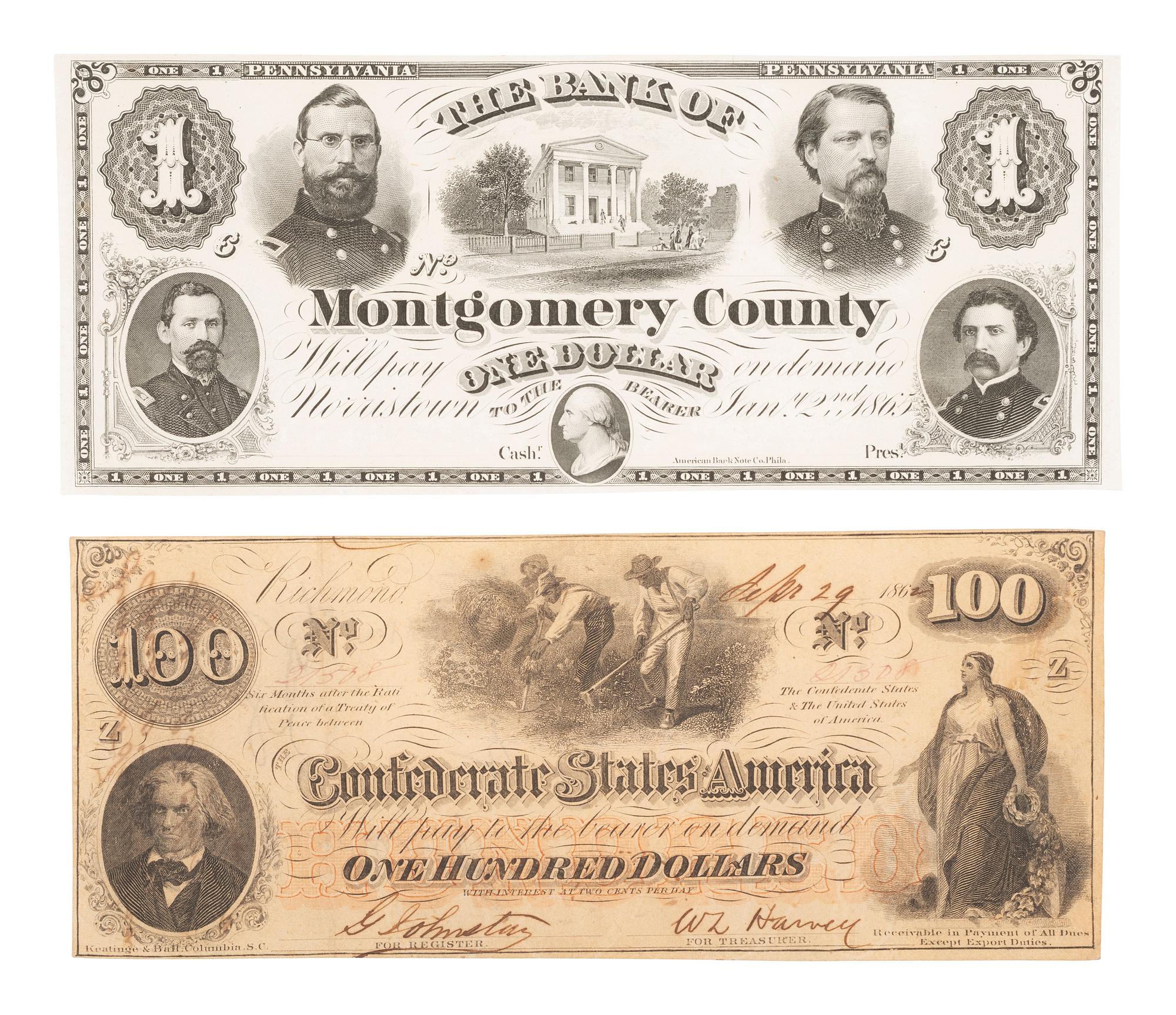 [CIVIL WAR]. Union and Confederate currency, incl. $100 note found on battlefield by ID'd officer.