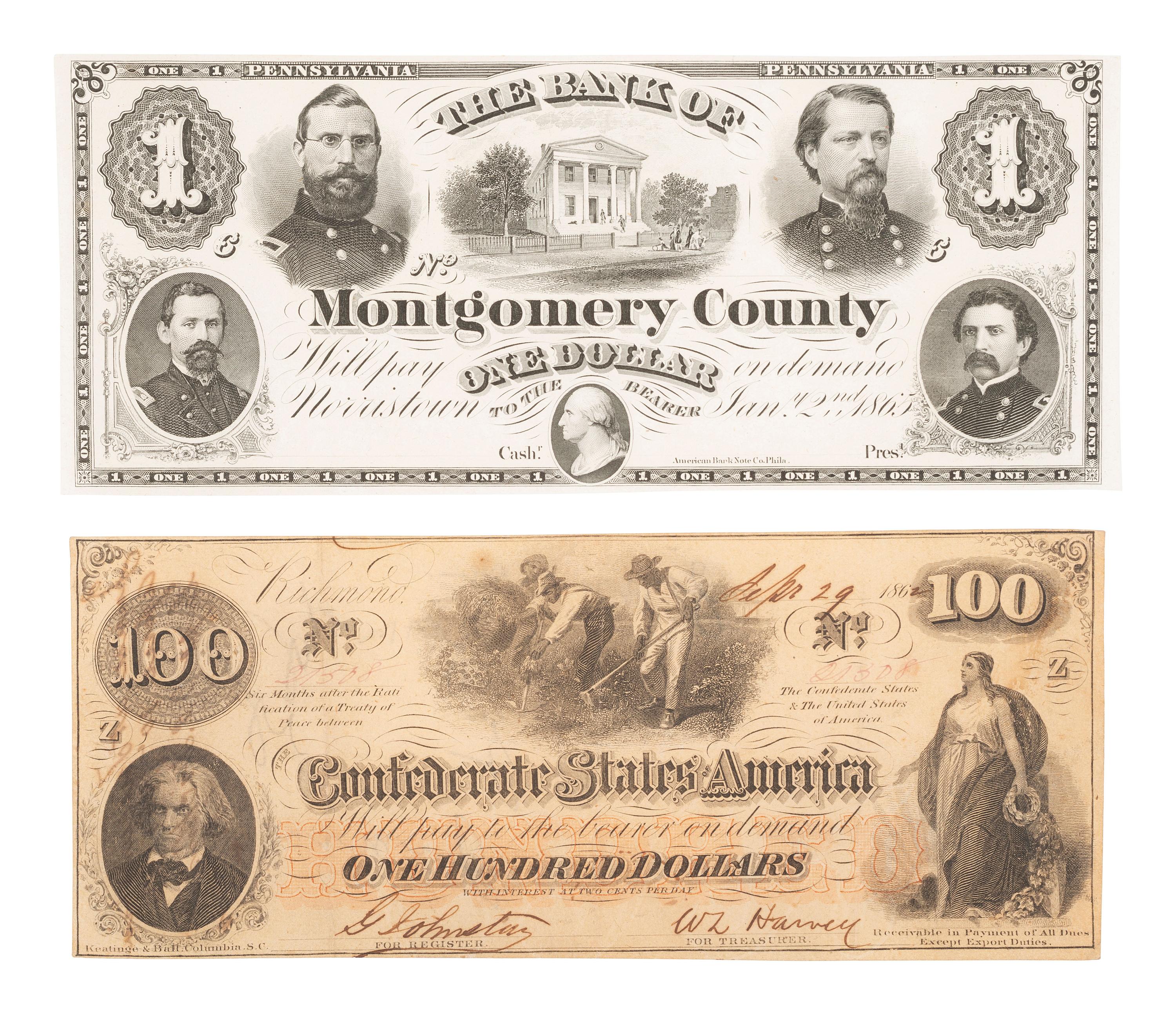 [CIVIL WAR]. Union and Confederate currency, incl. $100 note found on battlefield by ID'd officer.