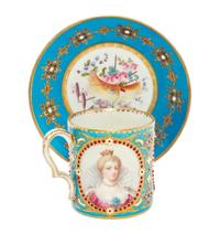 A Sevres Porcelain Jeweled Cup and Saucer, Diameter of saucer 5 1/2 inches.