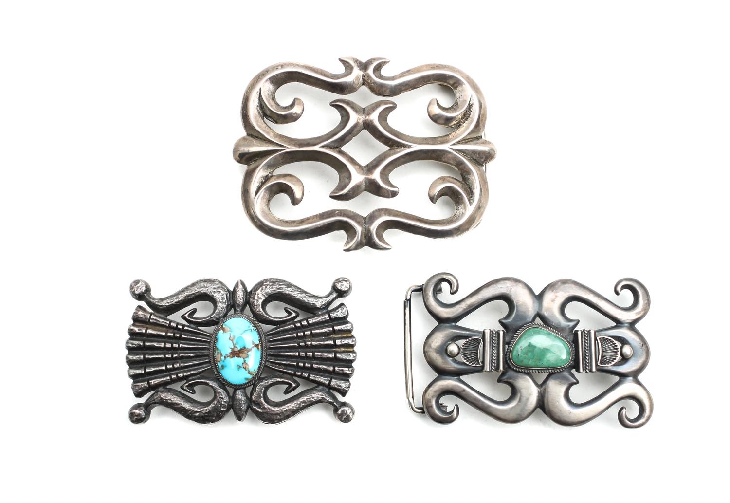 Two Navajo Sand Cast Belt Buckles, Henry Morgan Height of first 2 x width 3 inches for a 1 1/4 belt.