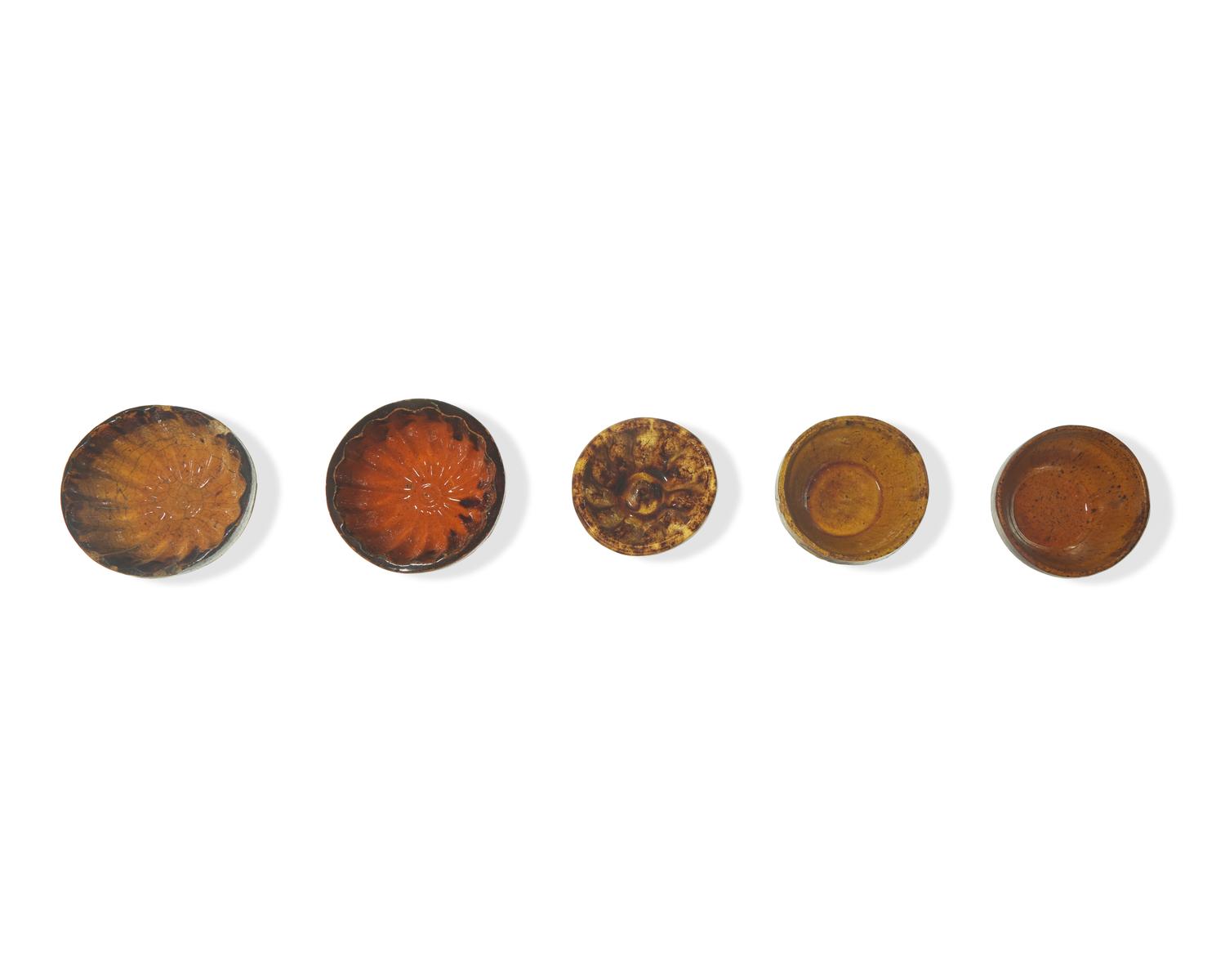 Three Glazed and Manganese Splashed Miniature Turk's Hat Redware Pudding Molds