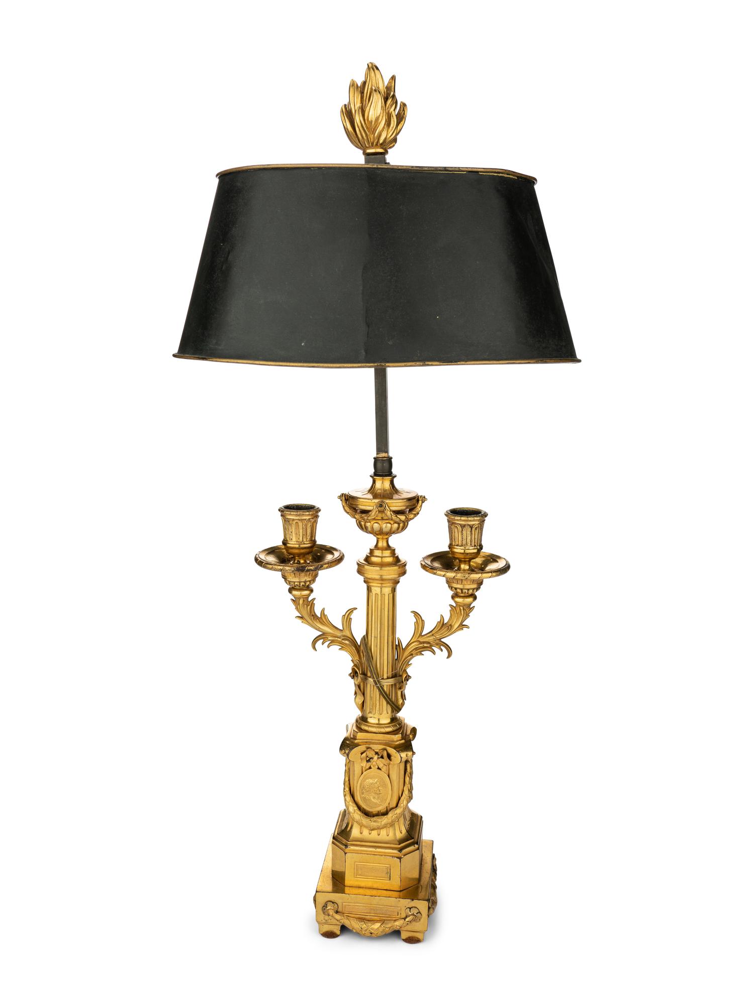 A Pair of Louis XVI Gilt Bronze Two-Light Lamps