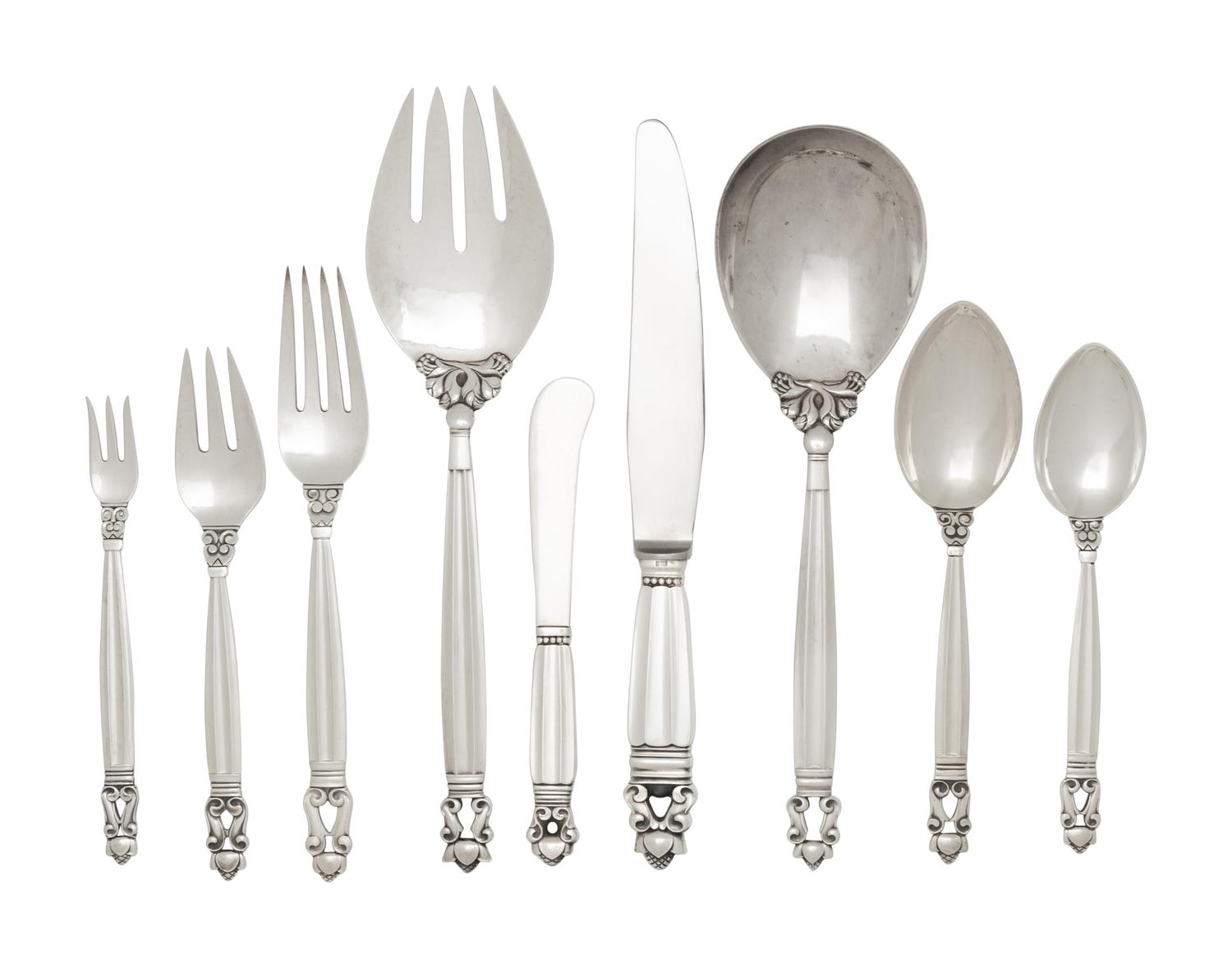 A Georg Jensen Acorn Silver Flatware Service