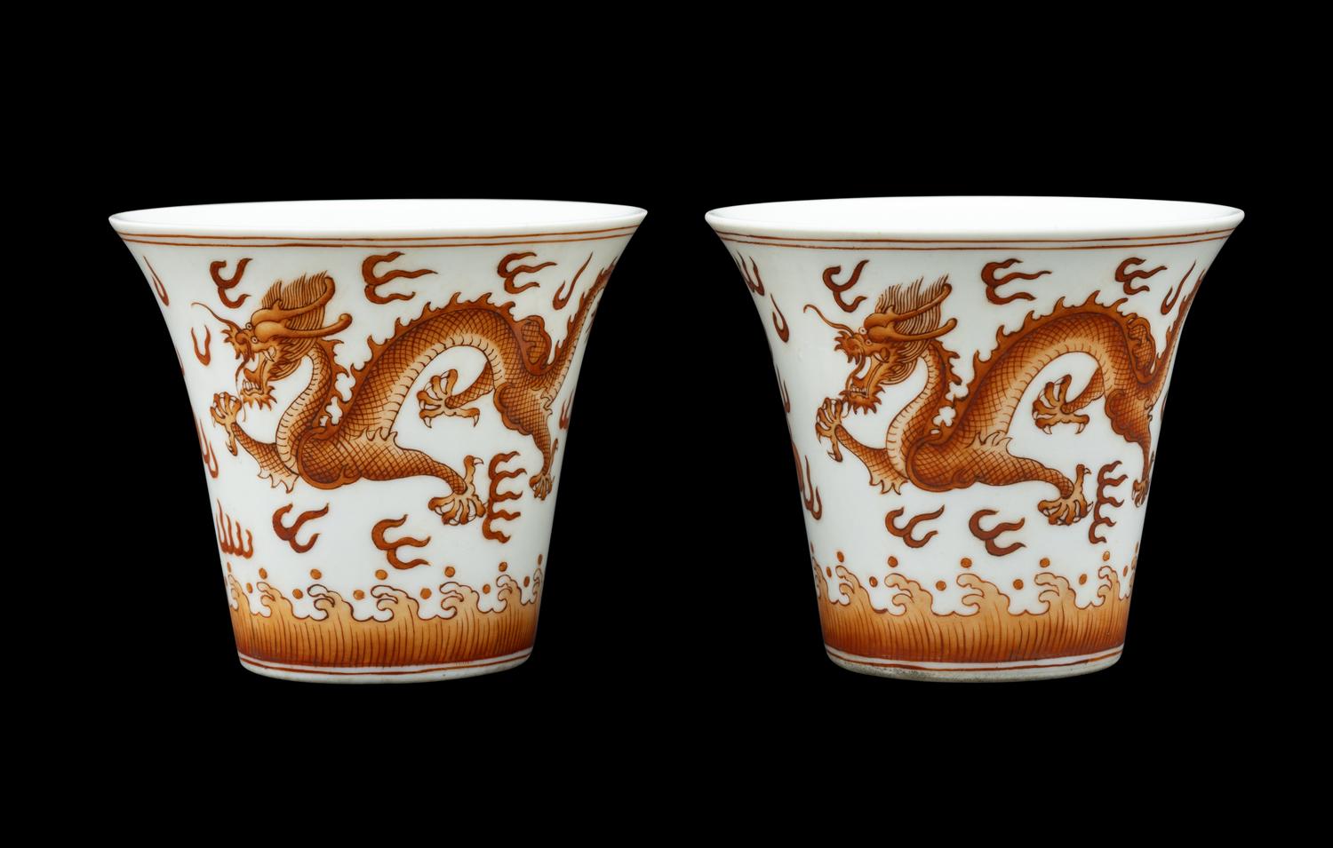 A Pair of Chinese Iron Red Glazed Porcelain 'Dragon' Cups