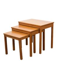 A Set of Danish Teak Nesting Tables Largest: height 20 x width 21 x depth 18 inches. Middle: height 17 1/2 x width 18 x depth 14 1/2 in — 20TH CENTURY