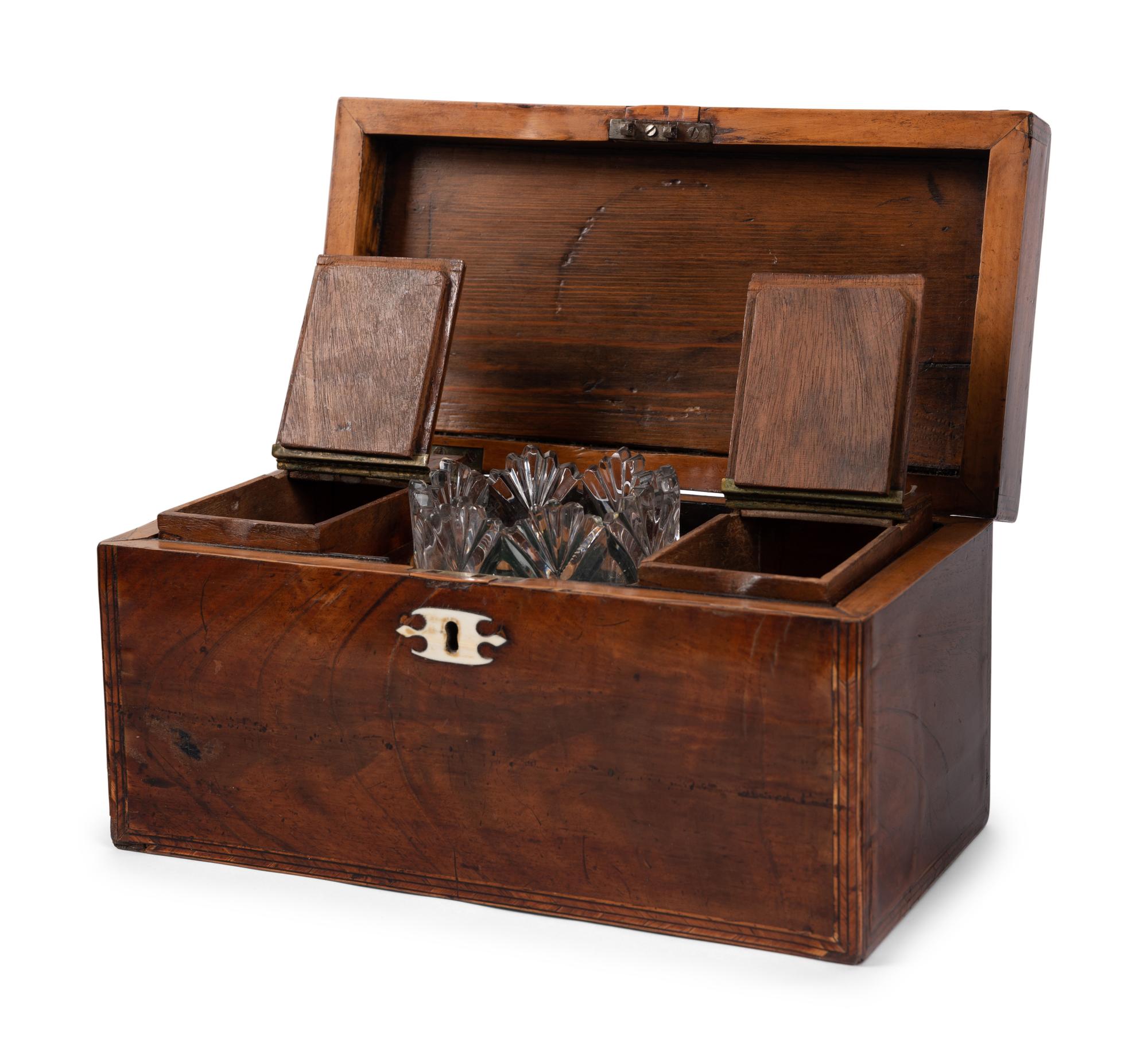 An English Mahogany Tea Caddy and an English Japanned Dressing Box
