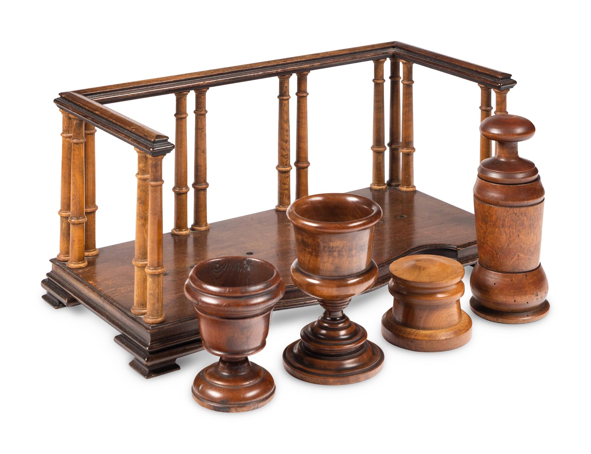 A Group of English Treenware Articles and a Walnut Book Rack
