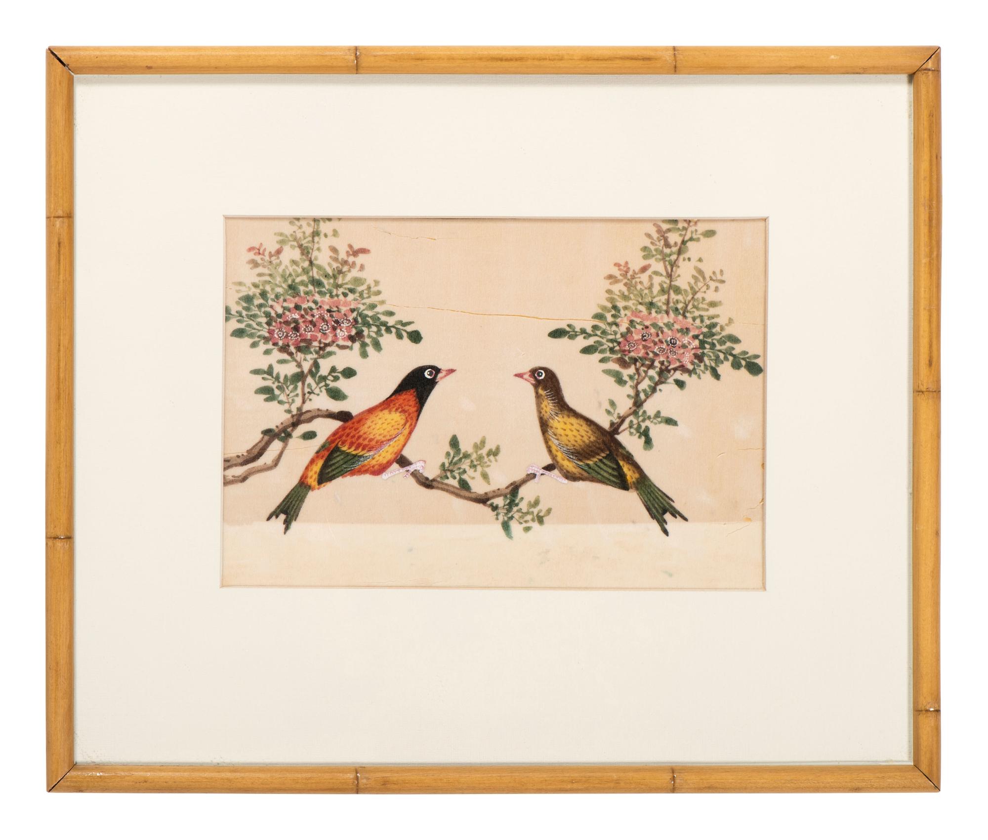 Seven Chinese Export Pith Paintings of Perched Birds and Flowers