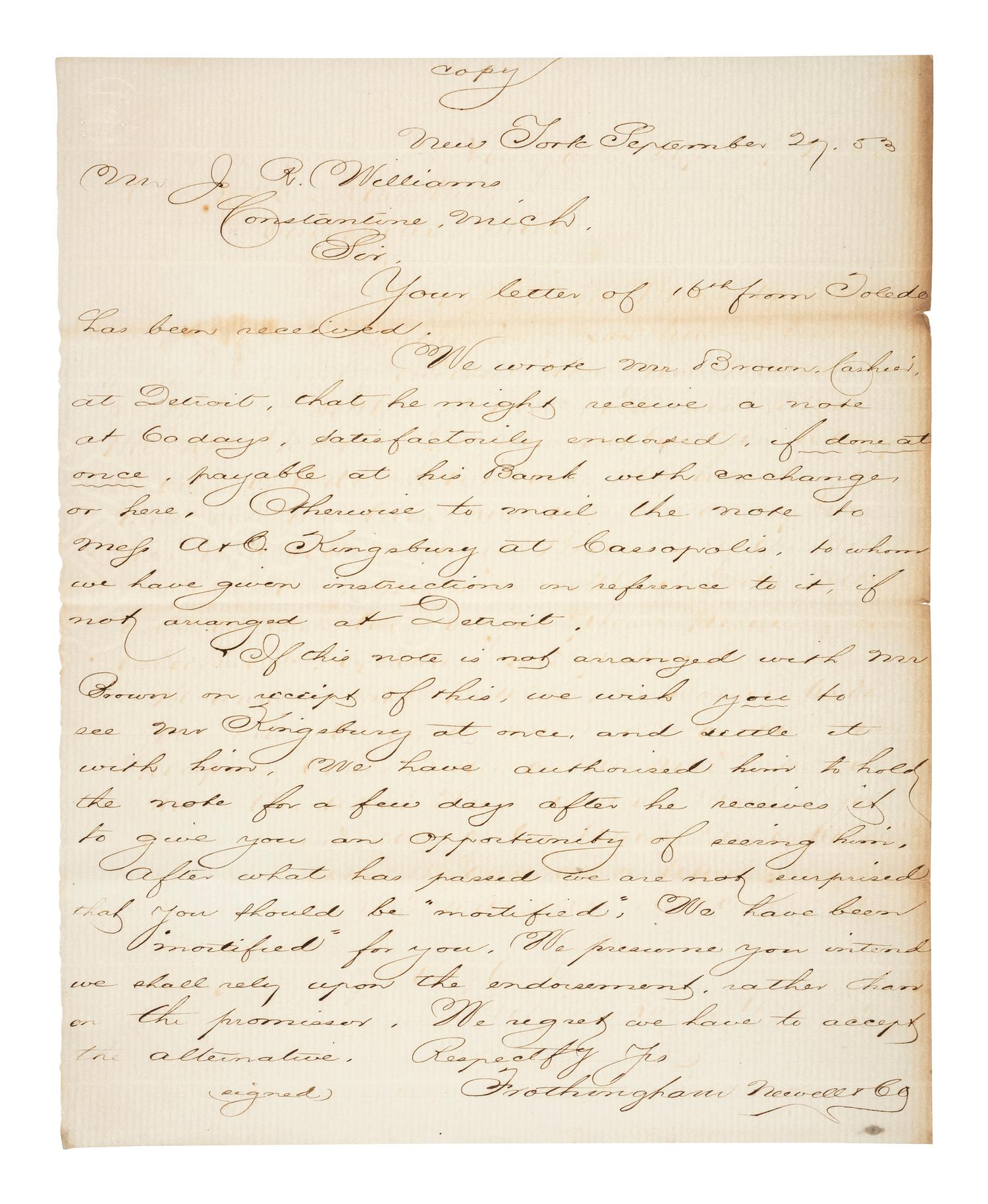 [MICHIGAN]. A group of documents related to Michigan merchant Asa Kingsbury, including: