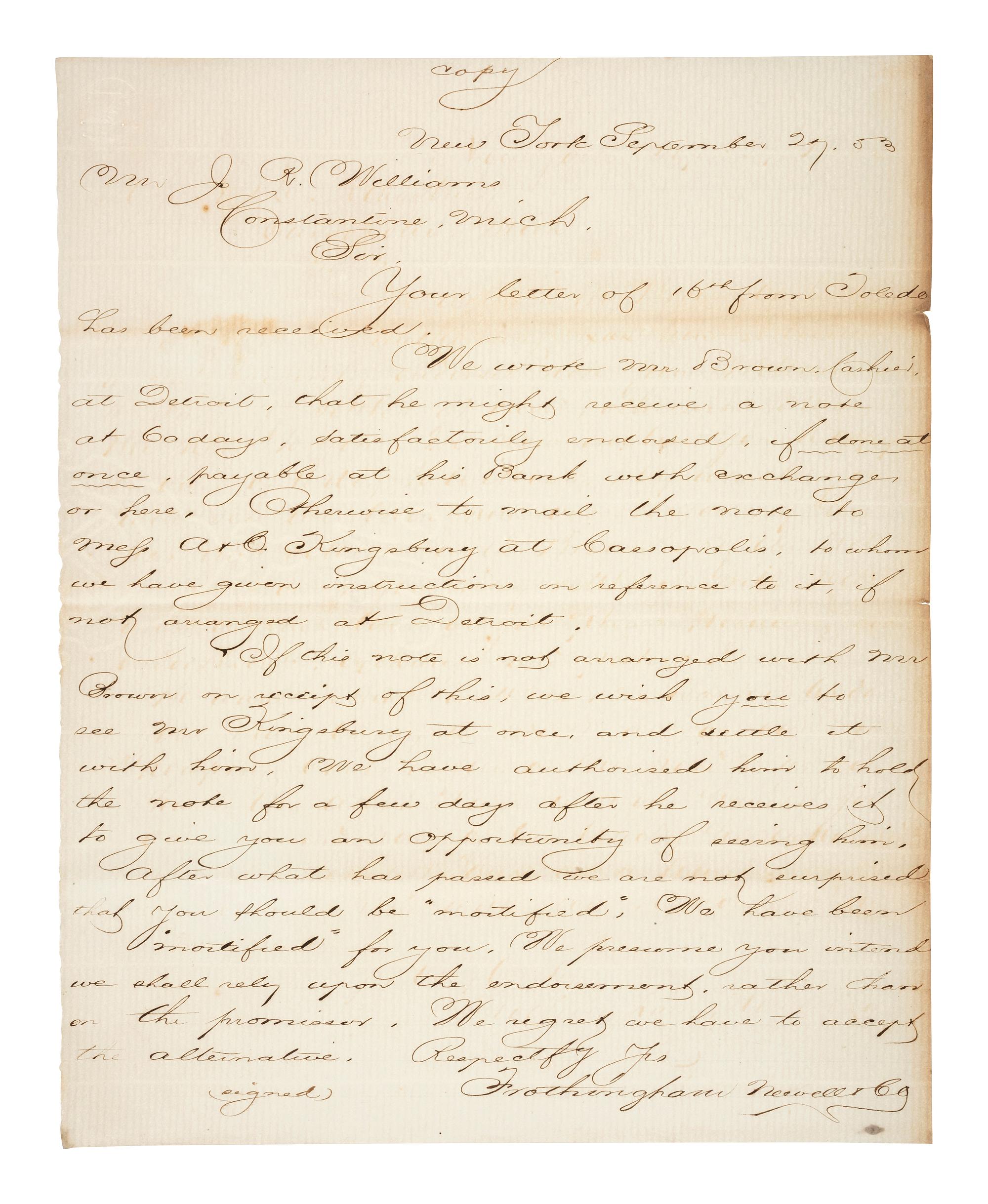 [MICHIGAN]. A group of documents related to Michigan merchant Asa Kingsbury, including: