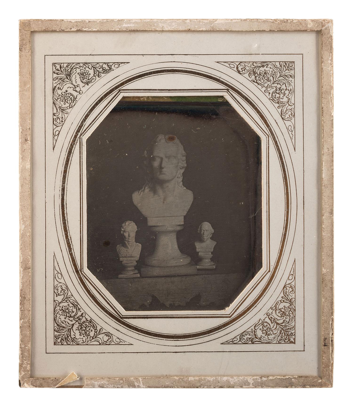 [EARLY PHOTOGRAPHY]. European daguerreotype of a trio of male bust sculptures.