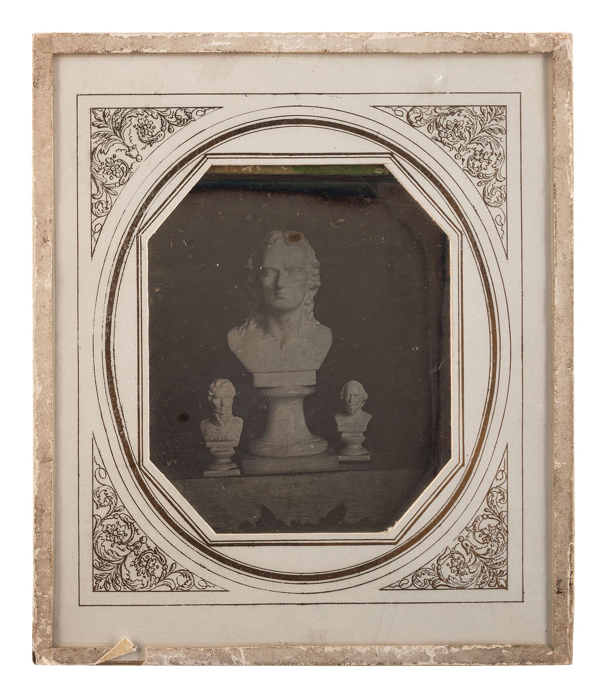 [EARLY PHOTOGRAPHY]. European daguerreotype of a trio of male bust sculptures.