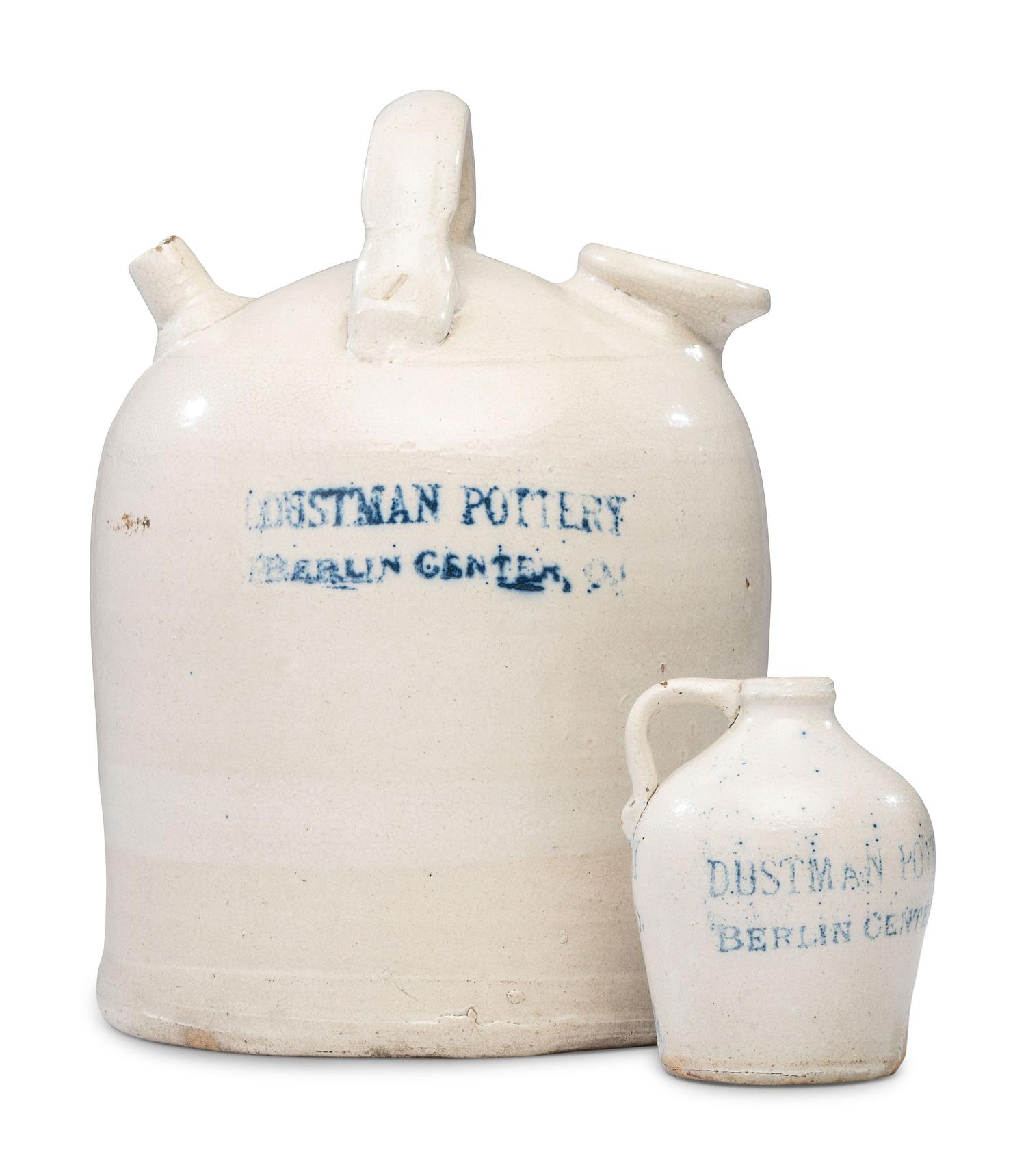 Two Dustman Pottery Stenciled Harvest or Field Jugs