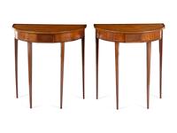A Pair of Regency Satinwood and Mahogany Demilune Console Tables