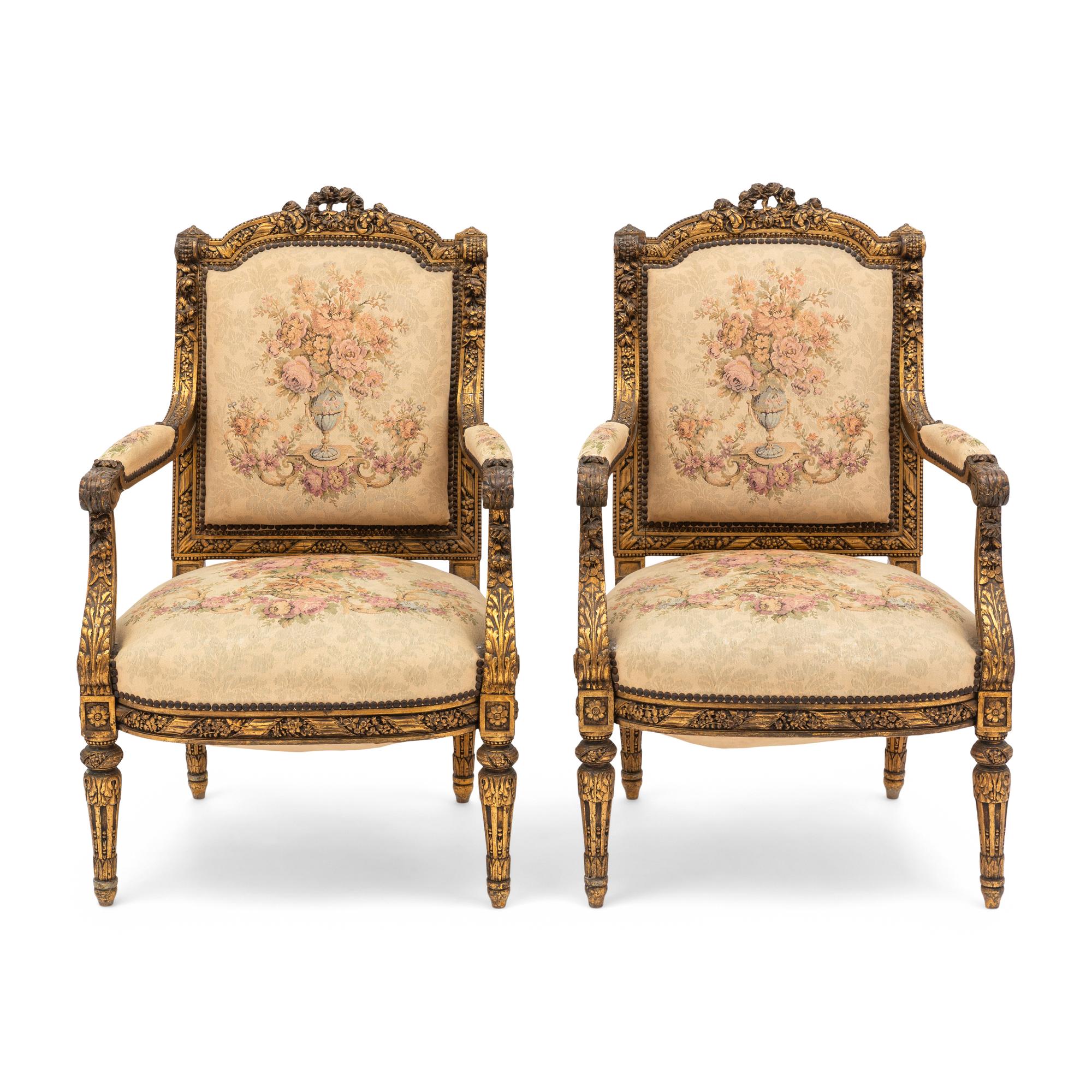 A Pair of Louis XVI Style Giltwood Fauteuils