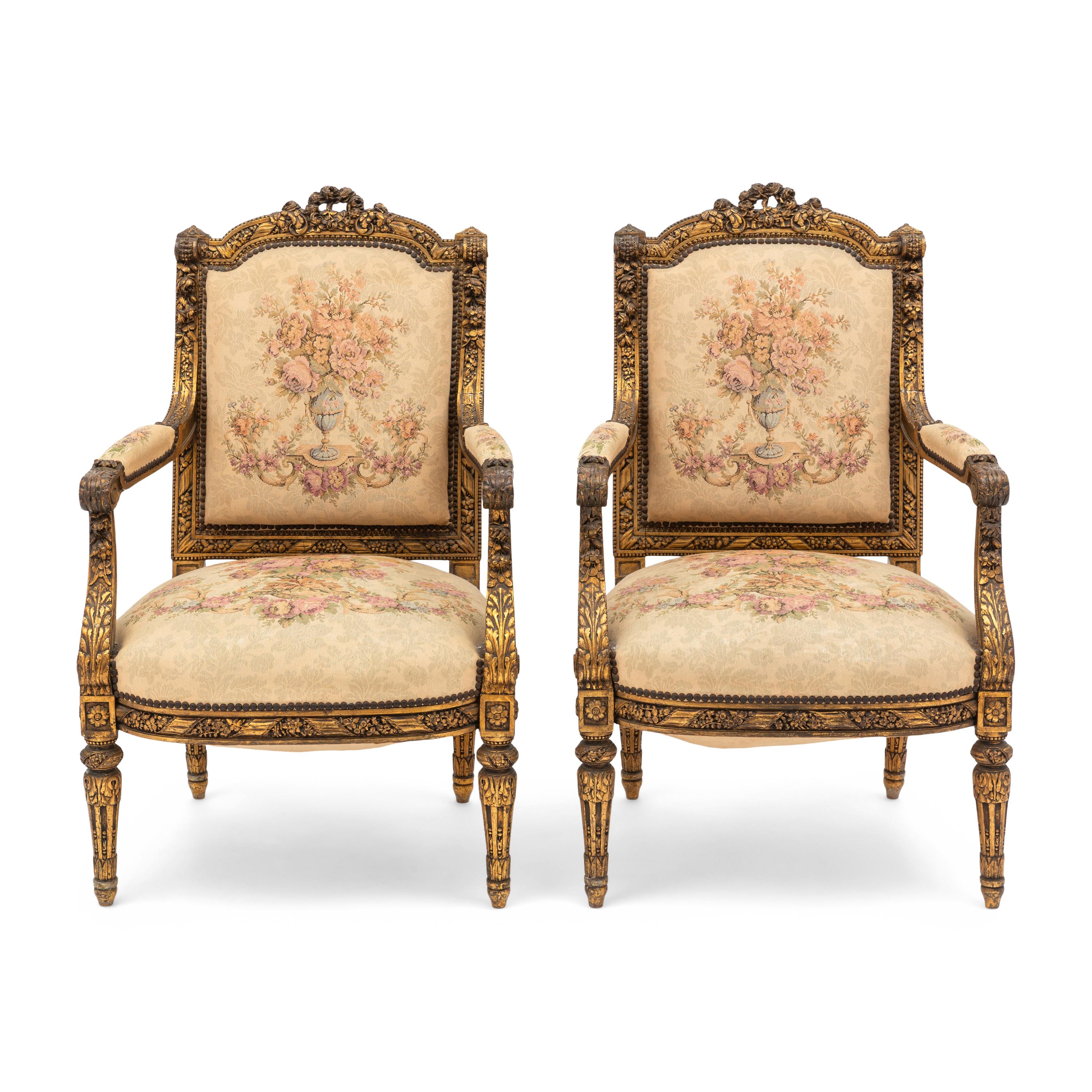 A Pair of Louis XVI Style Giltwood Fauteuils