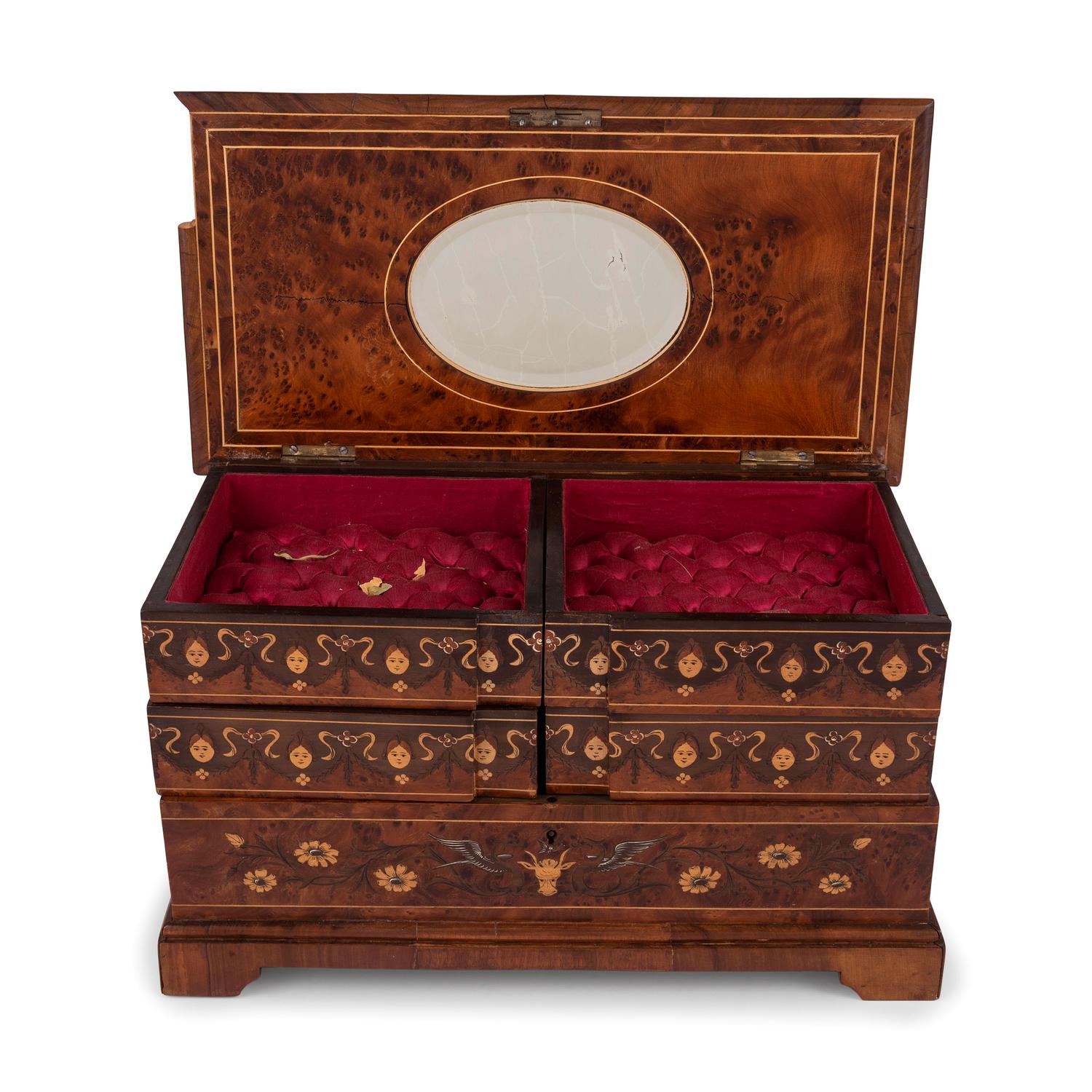 A Continental Marquetry Jewelry Casket