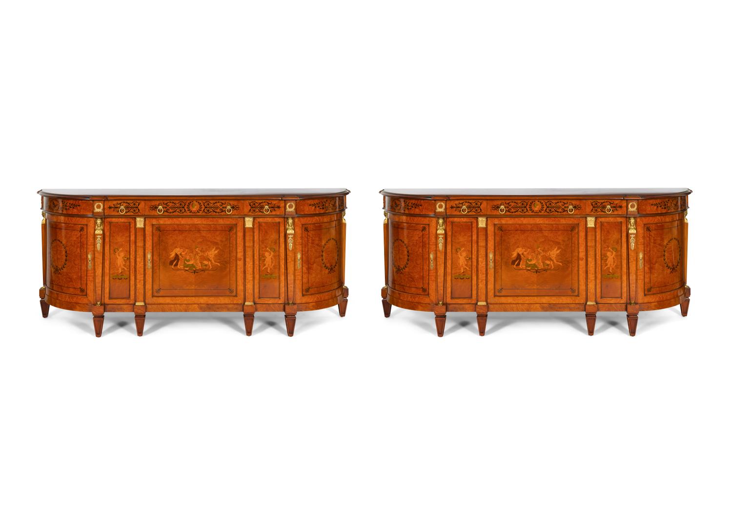 A Pair of Large Empire Style Gilt Bronze-Mounted Marquetry Console Cabinets