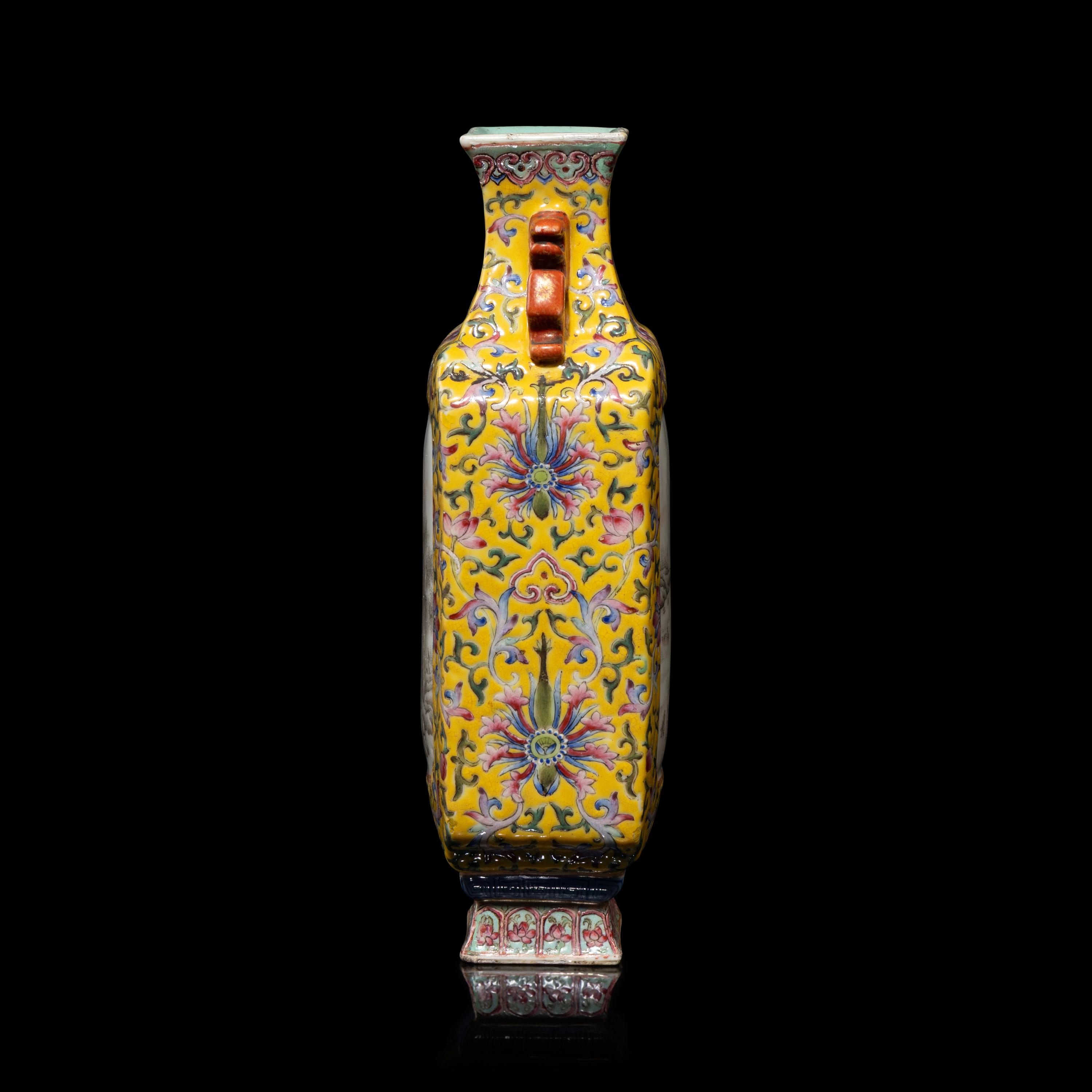 A Chinese Yellow Ground Famille Rose Porcelain 'Landscape' Square Vase, Early-Mid 20th Century — 近代 黃地粉彩纏枝蓮紋開光山水圖雙耳方瓶