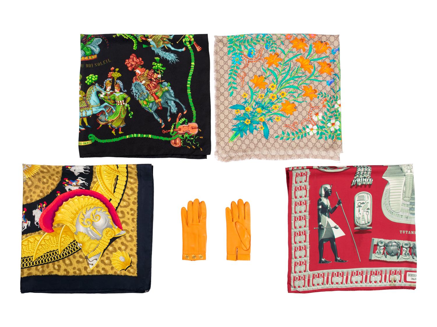 Four Scarves and One Pair of Gloves: Three Hermès, One Gucci, and One Pair of Hermès Gloves