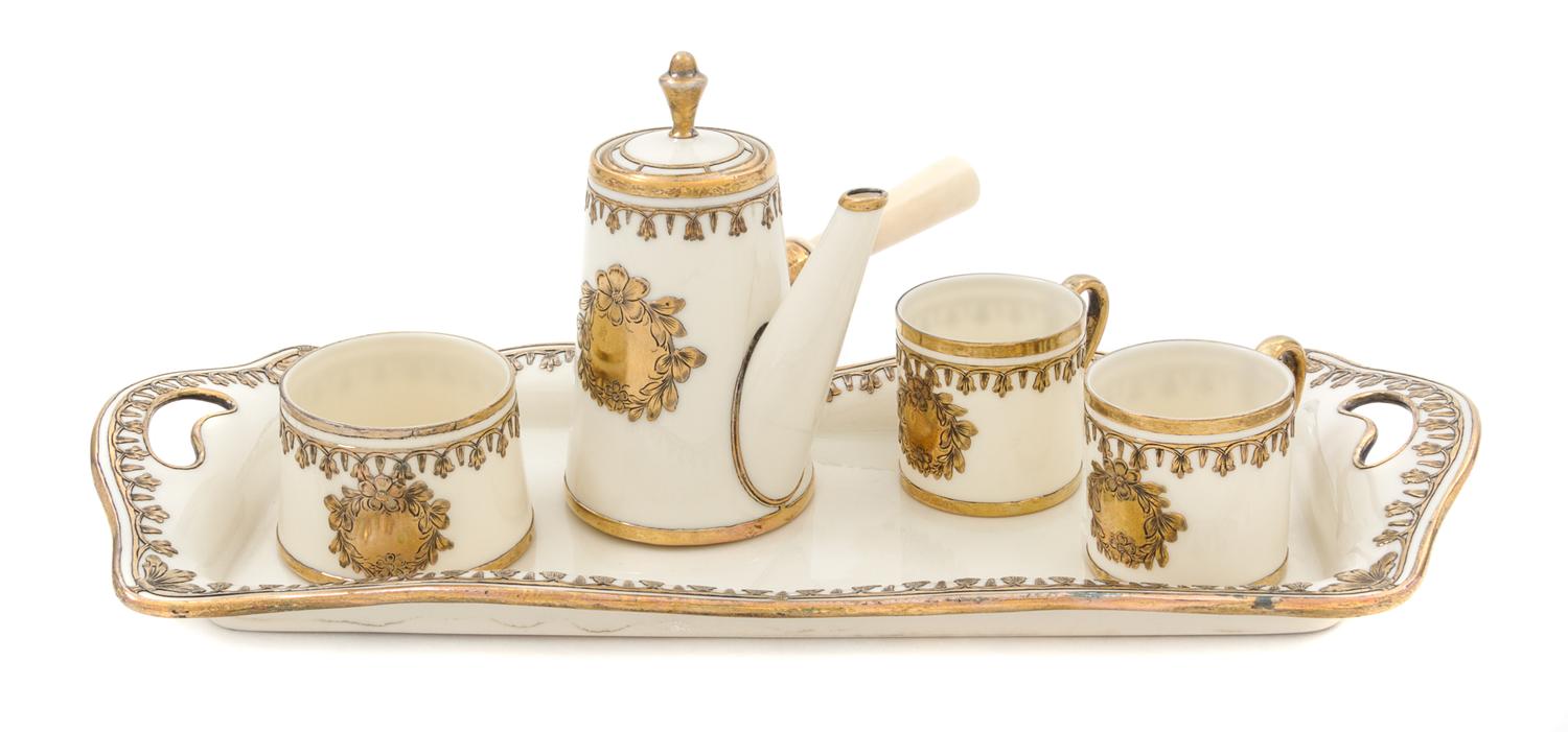 A Group of Diminutive Silver Overlay Porcelain Tea Articles Length of tray 13 inches.