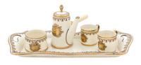 A Group of Diminutive Silver Overlay Porcelain Tea Articles Length of tray 13 inches.