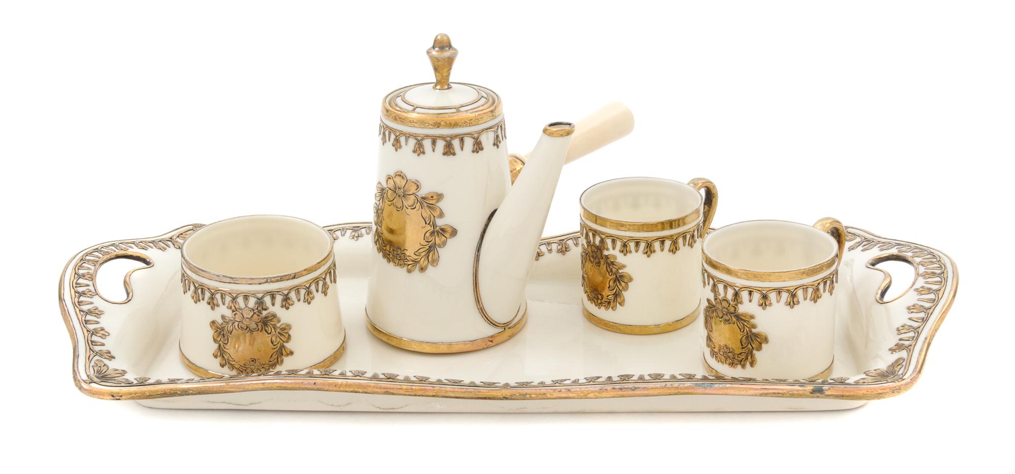 A Group of Diminutive Silver Overlay Porcelain Tea Articles Length of tray 13 inches.