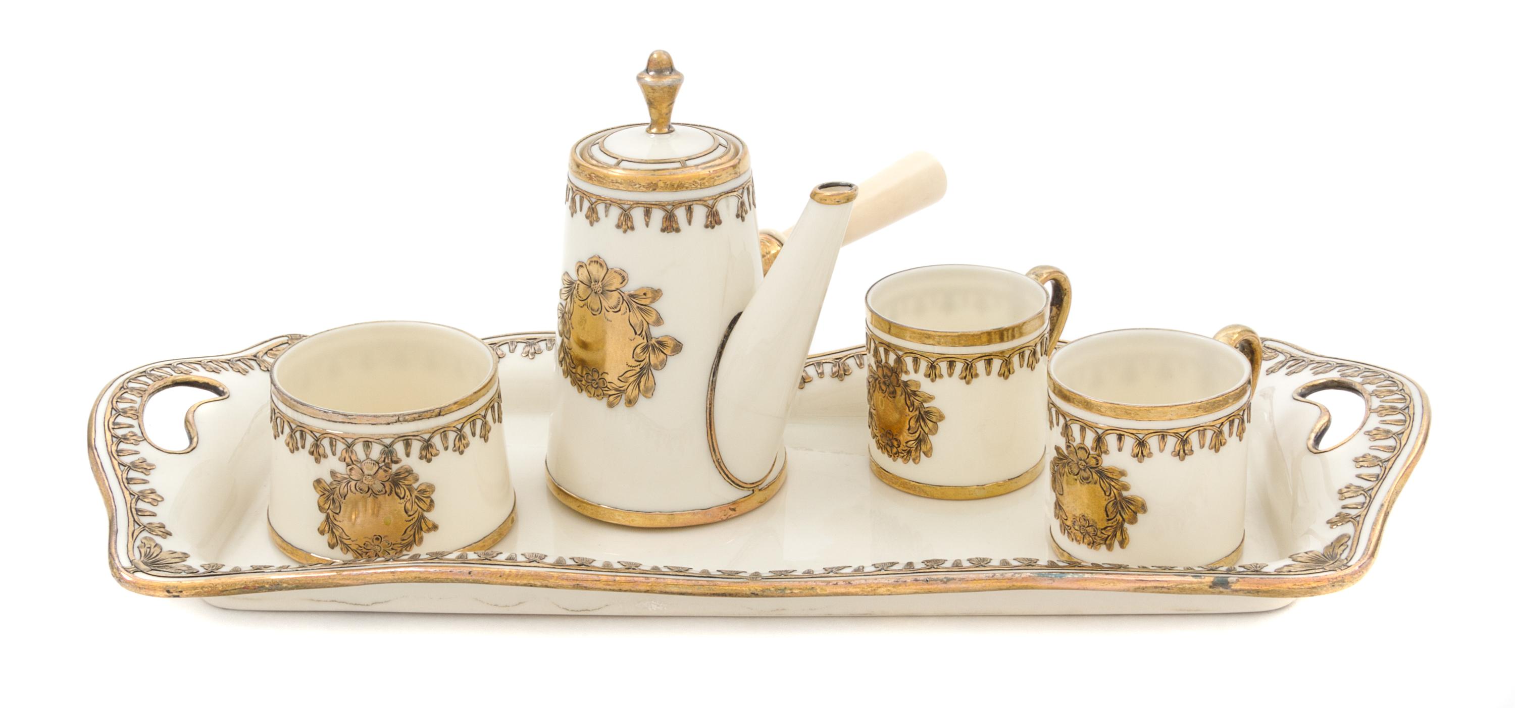 A Group of Diminutive Silver Overlay Porcelain Tea Articles Length of tray 13 inches.