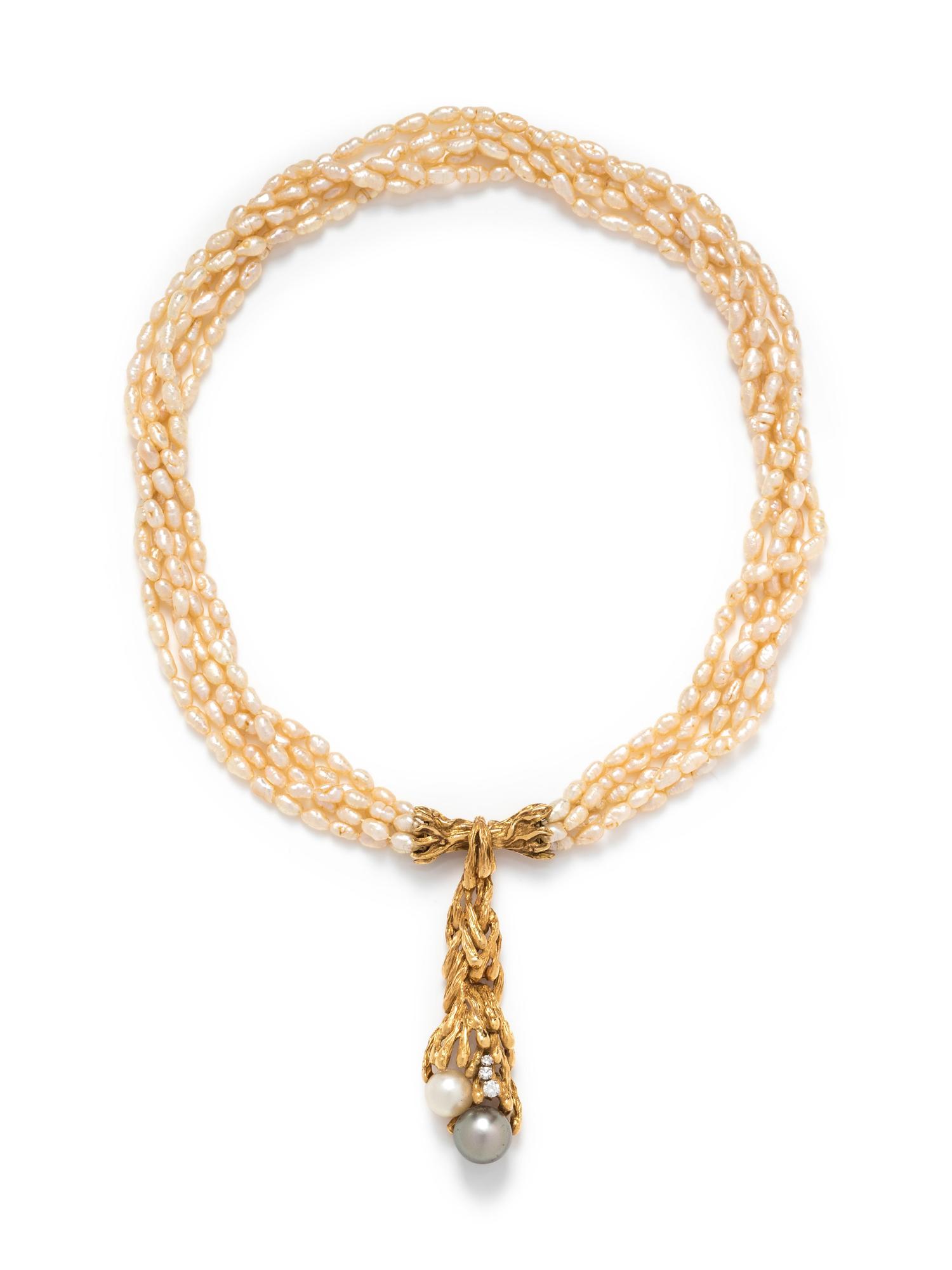 Gilbert Albert, Brutalist, Cultured Pearl and Diamond Necklace