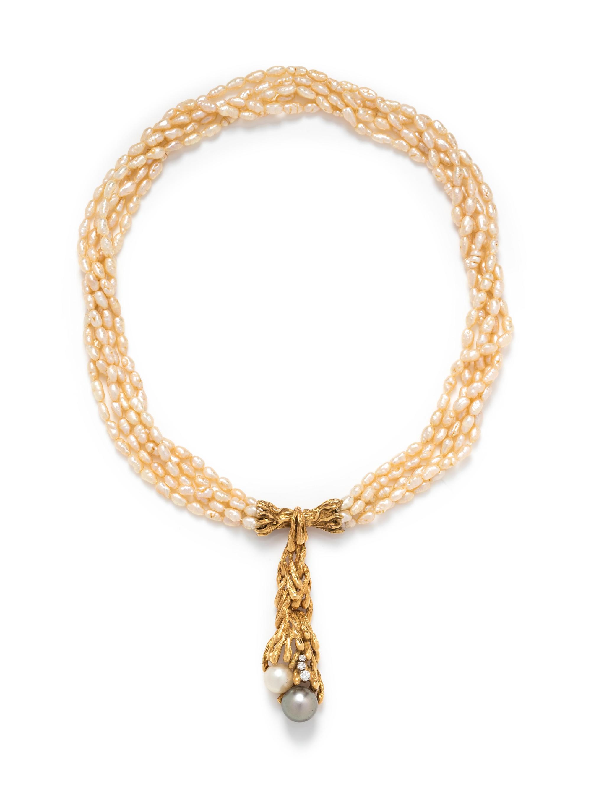 Gilbert Albert, Brutalist, Cultured Pearl and Diamond Necklace