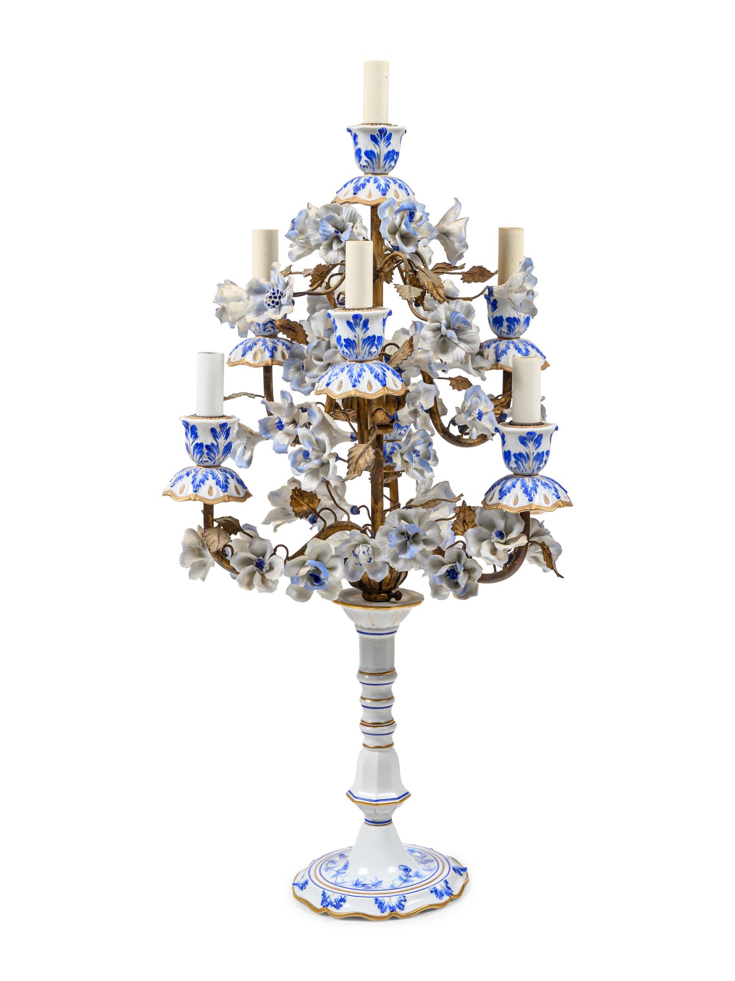 An Italian Gilt Metal and Porcelain Mounted Seven-Light Candelabrum