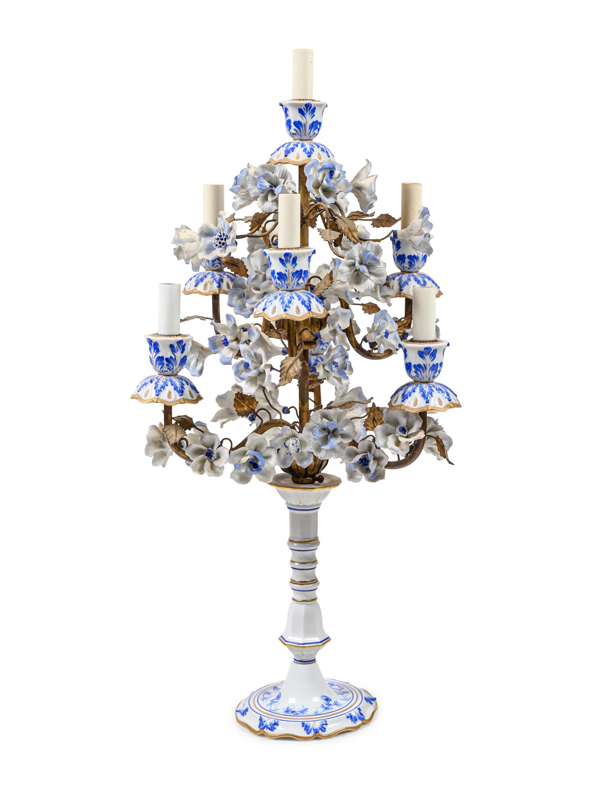 An Italian Gilt Metal and Porcelain Mounted Seven-Light Candelabrum