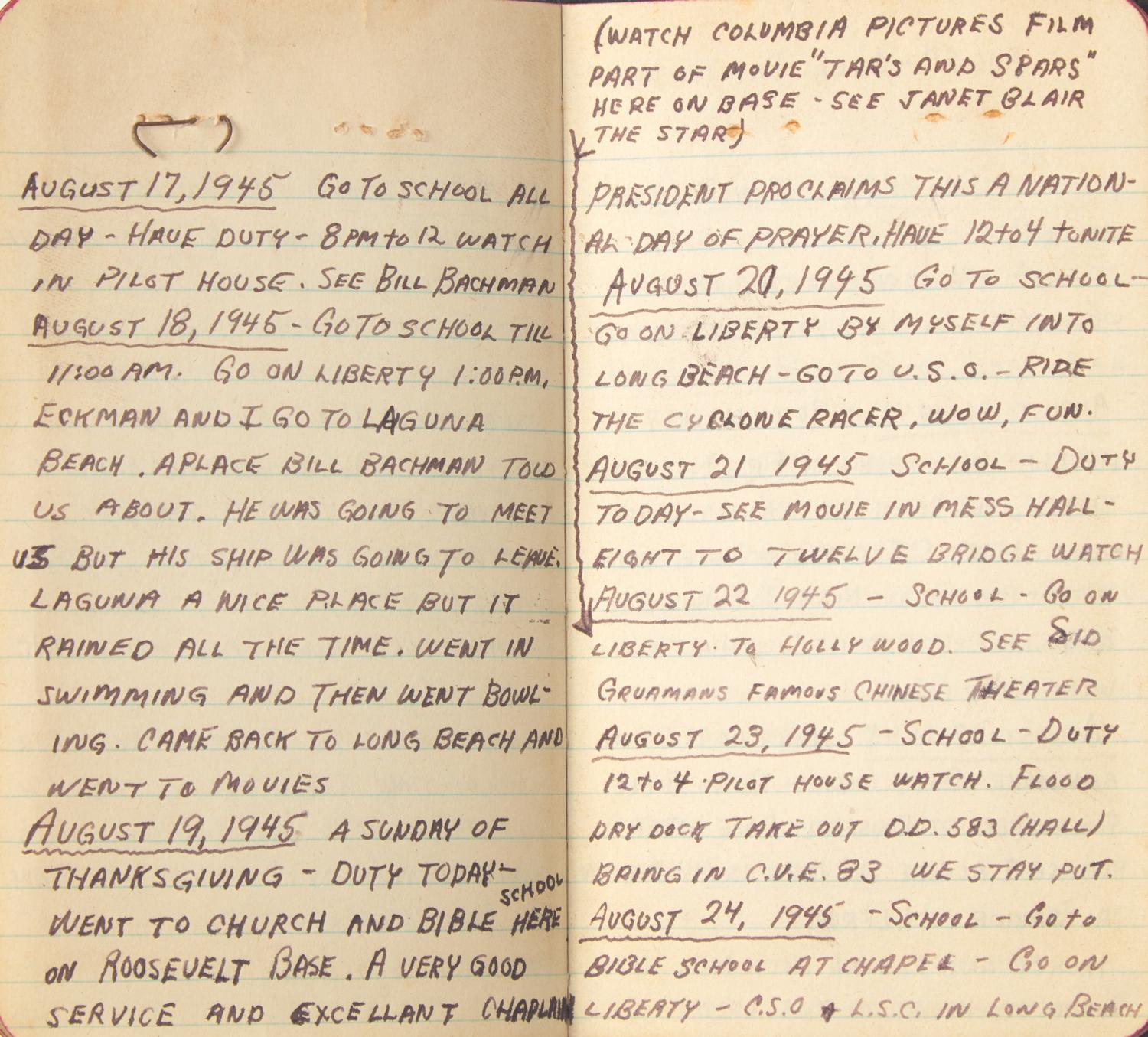 [World War II] Sailor's Pacific Theater Daily Journals, 1945-46, including Mention of the Dropping of the Atomic Bomb and Japan's Surrender