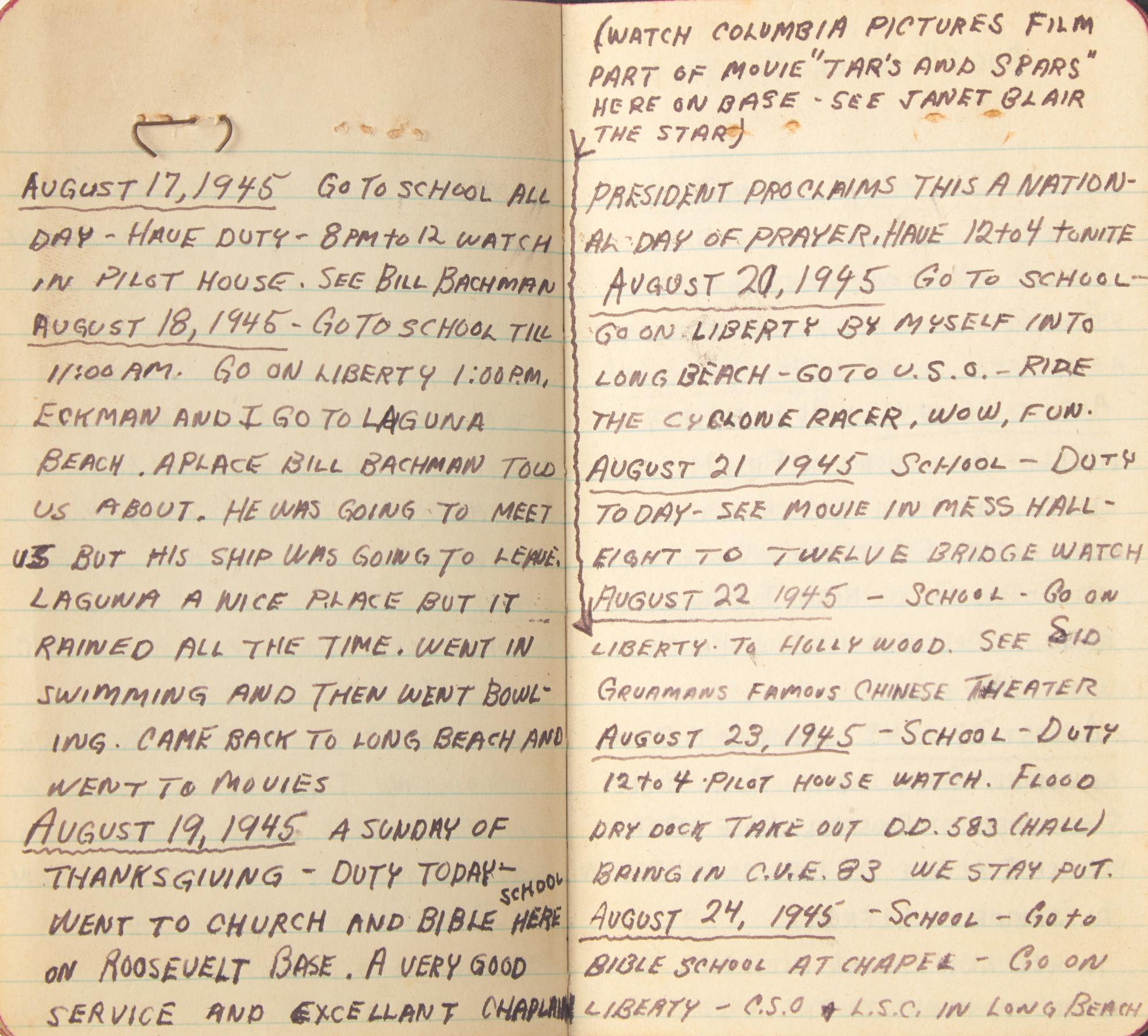 [World War II] Sailor's Pacific Theater Daily Journals, 1945-46, including Mention of the Dropping of the Atomic Bomb and Japan's Surrender