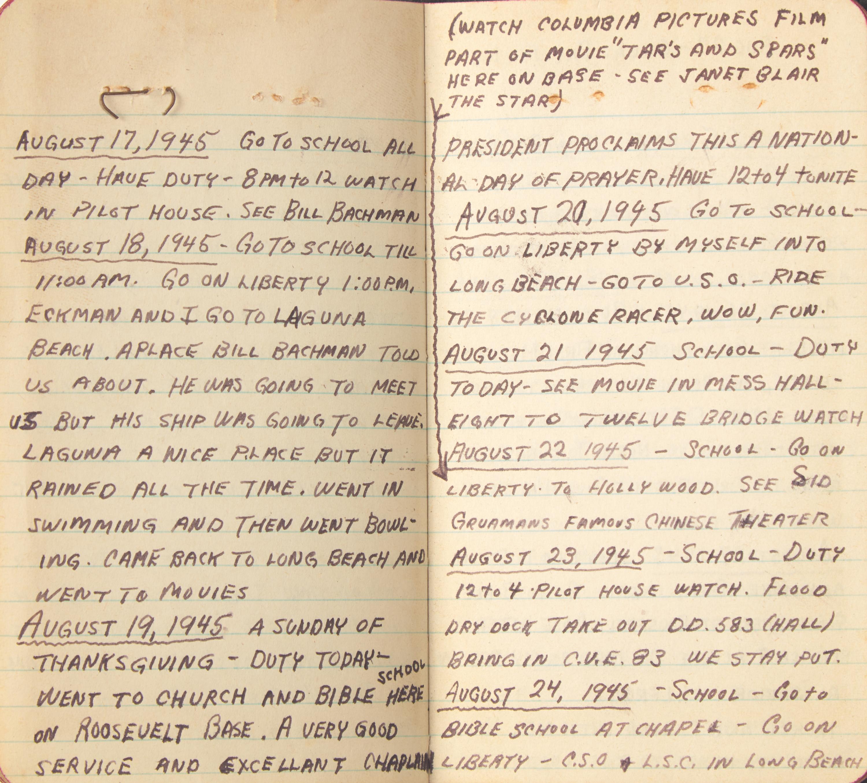 [World War II] Sailor's Pacific Theater Daily Journals, 1945-46, including Mention of the Dropping of the Atomic Bomb and Japan's Surrender