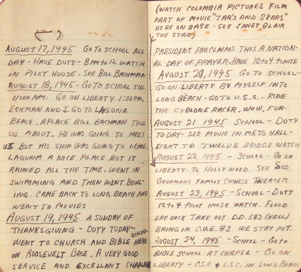 [World War II] Sailor's Pacific Theater Daily Journals, 1945-46, including Mention of the Dropping of the Atomic Bomb and Japan's Surrender