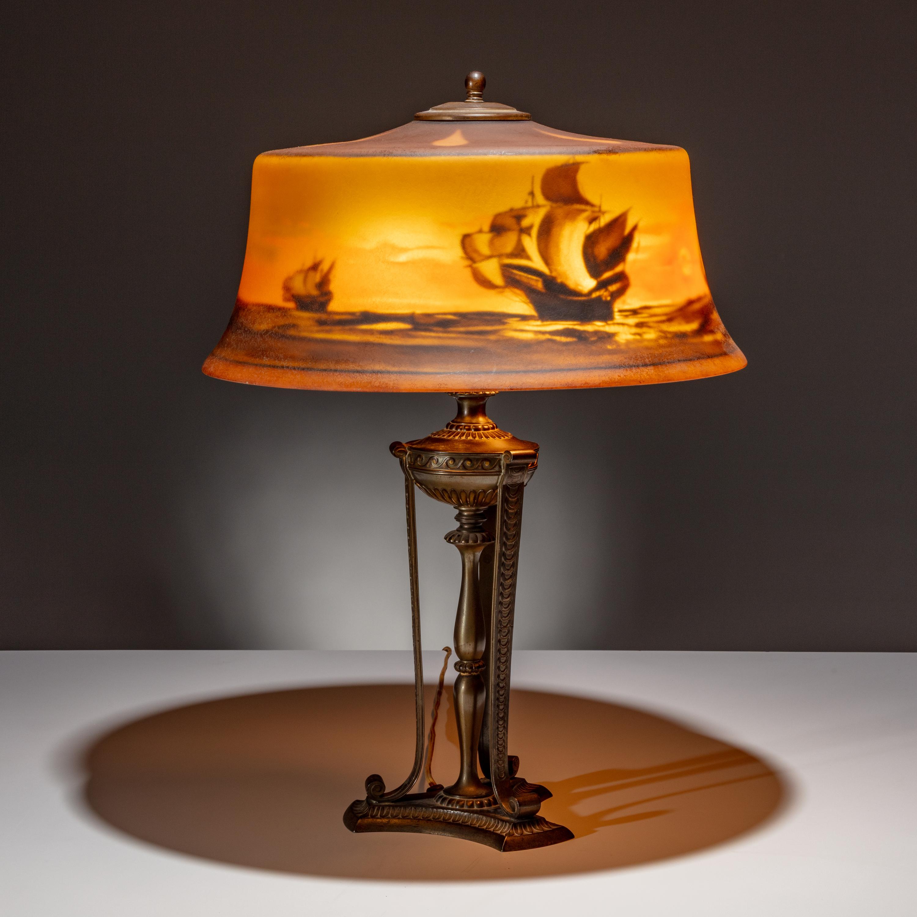 Pairpoint Corporation USA, Early 20th Century — Reverse-Painted Lamp, possibly depicting the Nina, Pinta, and Santa Maria , c. 1915